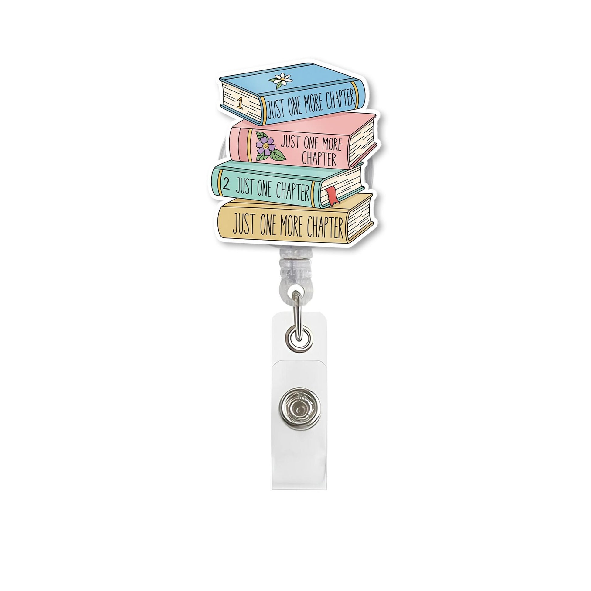 Just One More Chapter Badge Reel, Book Stack ID Holder, Cute Teacher Gift for Book Lovers, Librarian Badge Clip for Readers