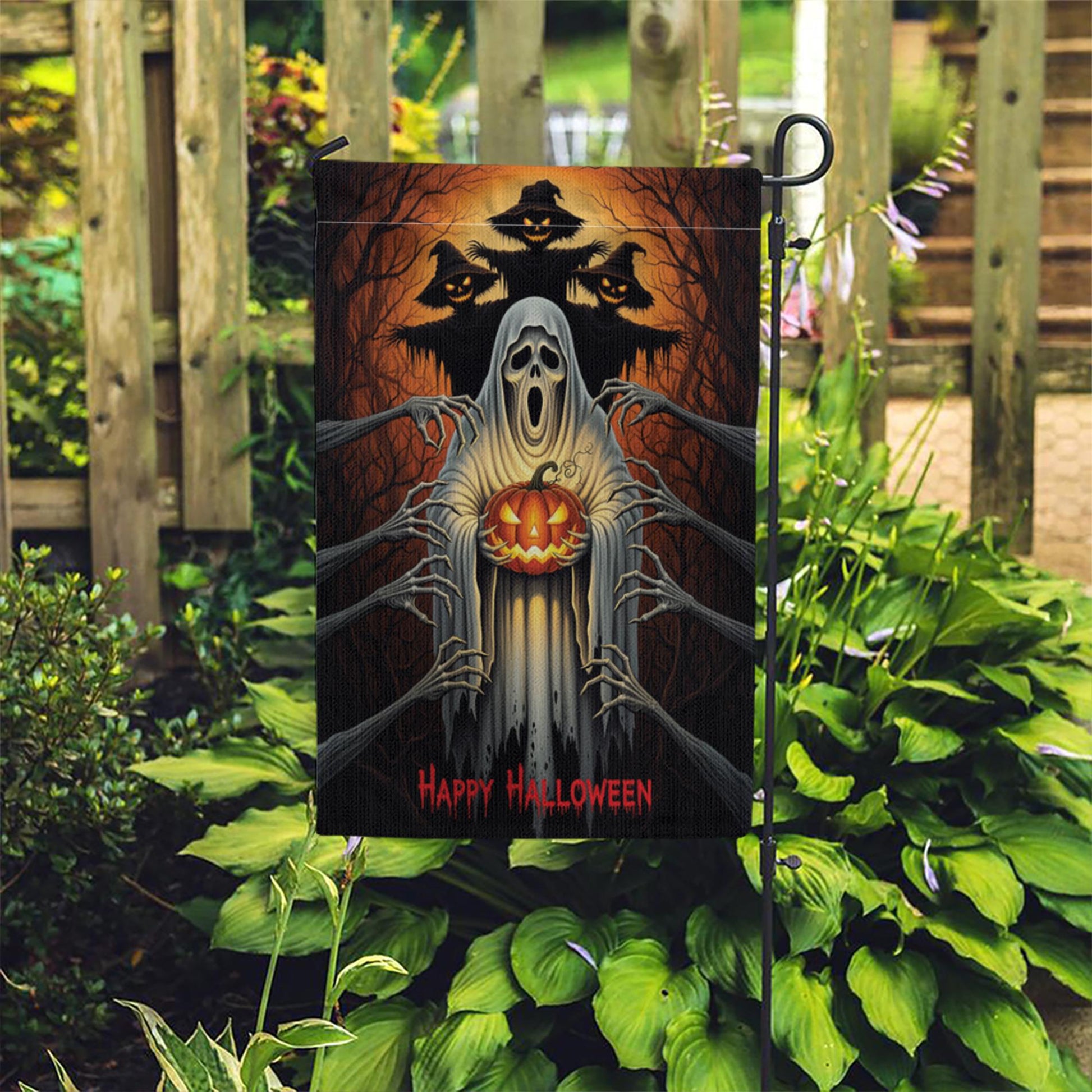 Scary Halloween Garden Flag, Ghost Pumpkin Yard Banner, Haunted Tree Decor, Creepy Spooky Outdoor Decoration, Happy Halloween Sign