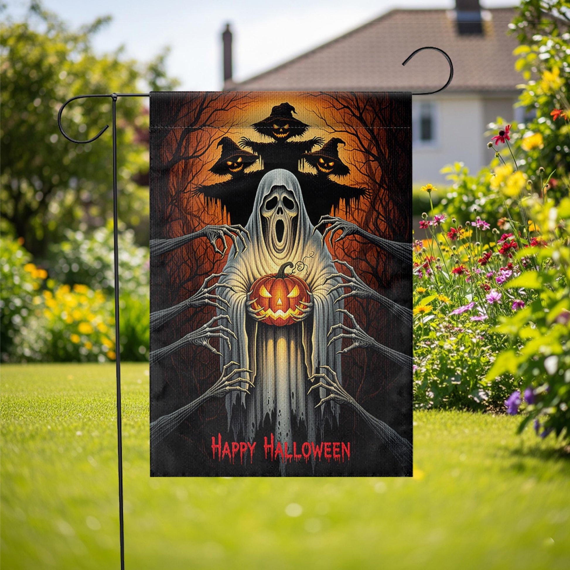 Scary Halloween Garden Flag, Ghost Pumpkin Yard Banner, Haunted Tree Decor, Creepy Spooky Outdoor Decoration, Happy Halloween Sign