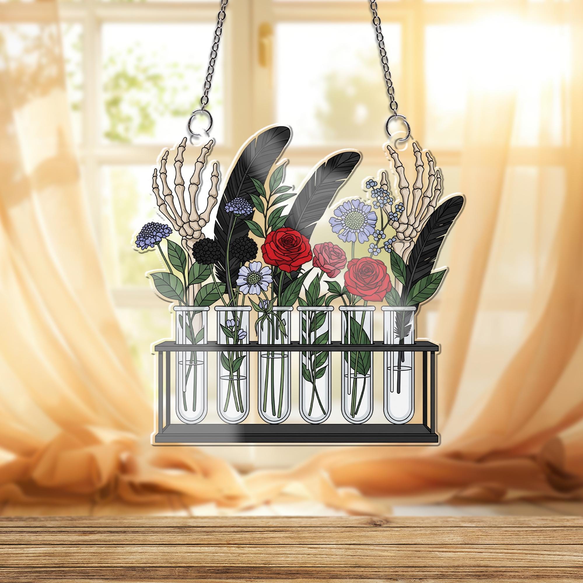 Gothic Test Tube Floral Suncatcher - Skeleton Hand Flower Window Hanging, Dark Academia Botanical Decor for Alternative Home Style