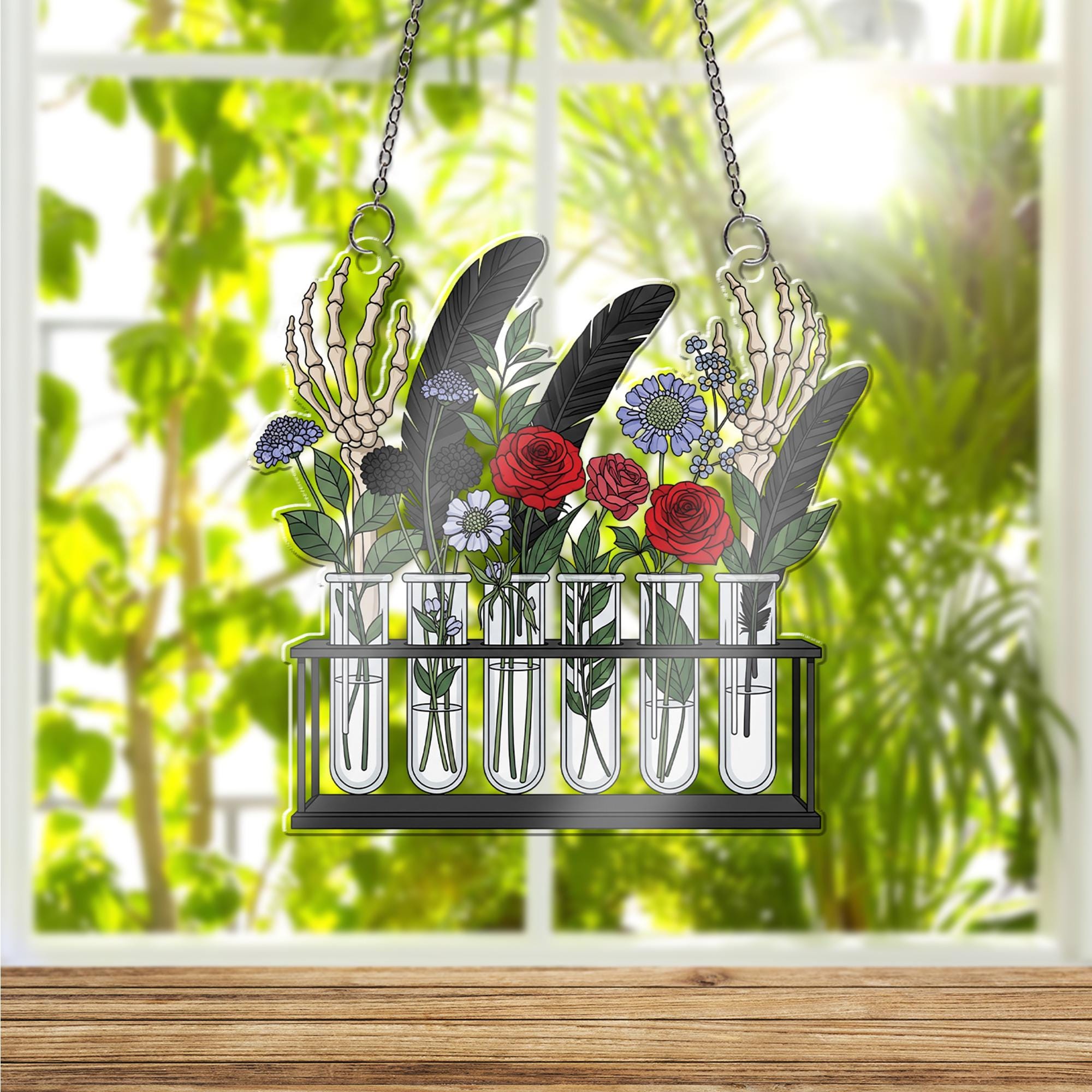 Gothic Test Tube Floral Suncatcher - Skeleton Hand Flower Window Hanging, Dark Academia Botanical Decor for Alternative Home Style