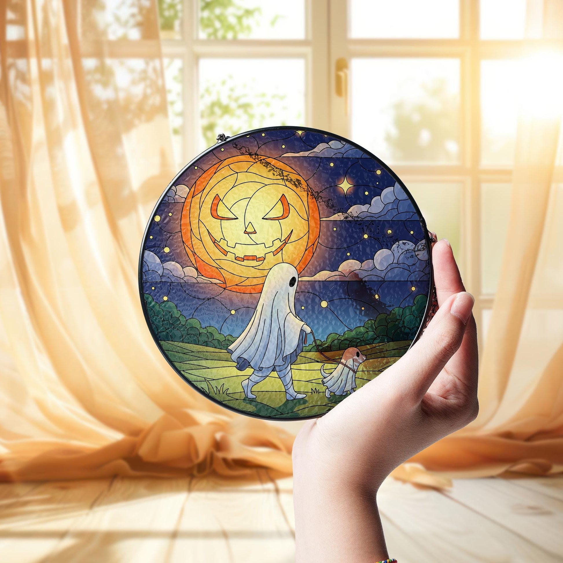 Cute Ghost Dog Stained Glass Suncatcher, Halloween Pumpkin Moon Window Hanging, Spooky Fall Decor for Home or Gift