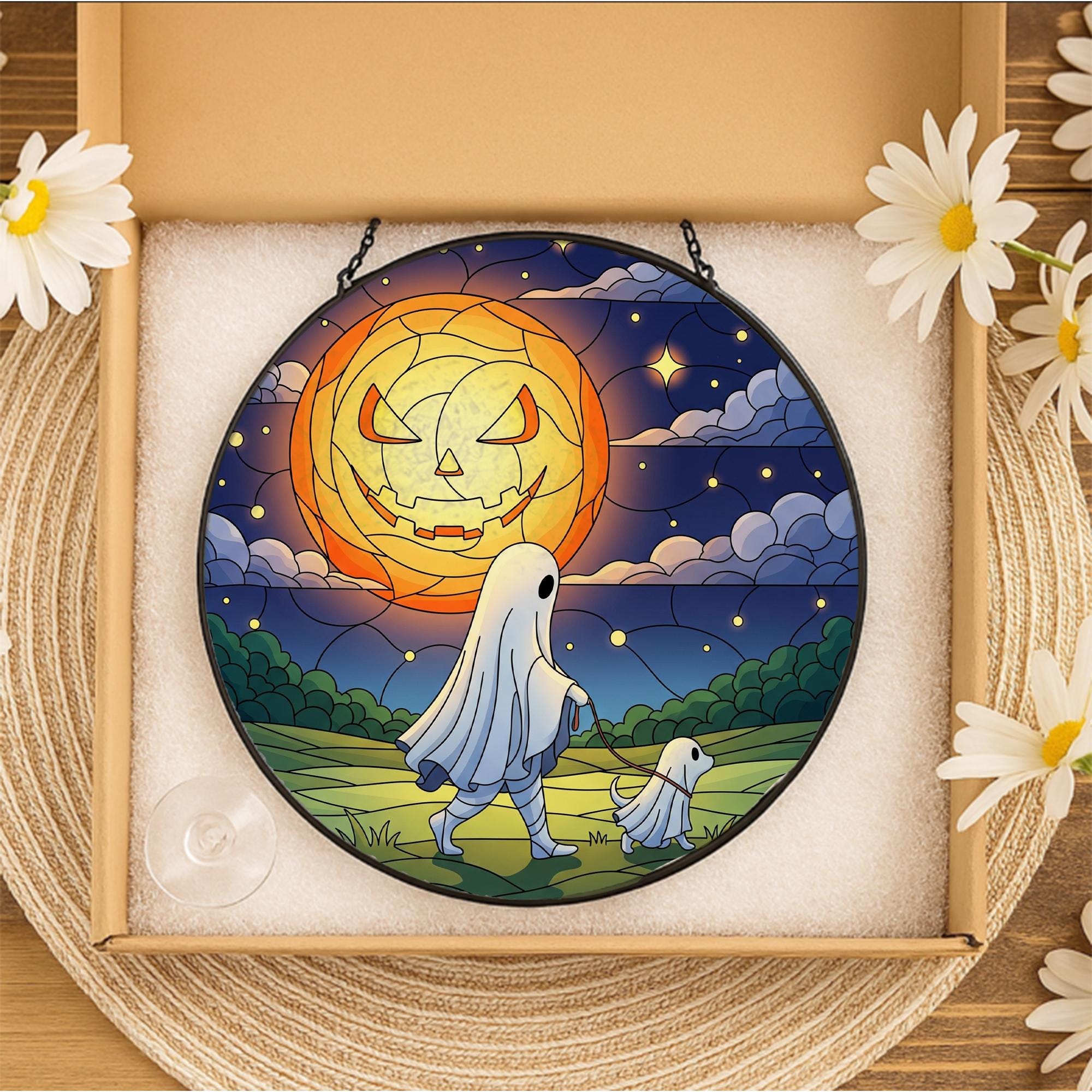 Cute Ghost Dog Stained Glass Suncatcher, Halloween Pumpkin Moon Window Hanging, Spooky Fall Decor for Home or Gift