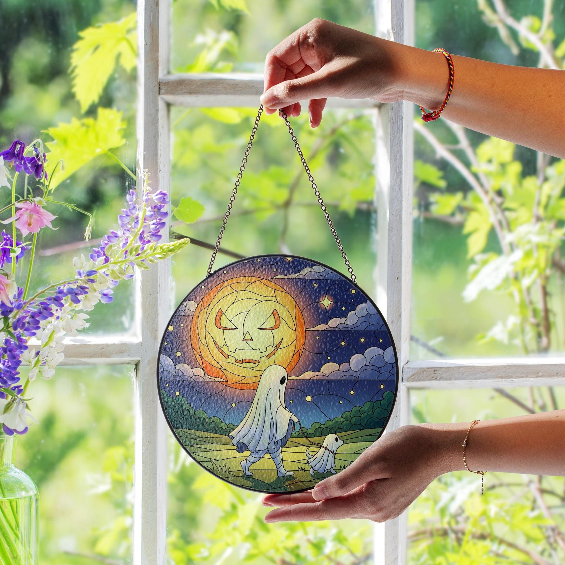 Cute Ghost Dog Stained Glass Suncatcher, Halloween Pumpkin Moon Window Hanging, Spooky Fall Decor for Home or Gift
