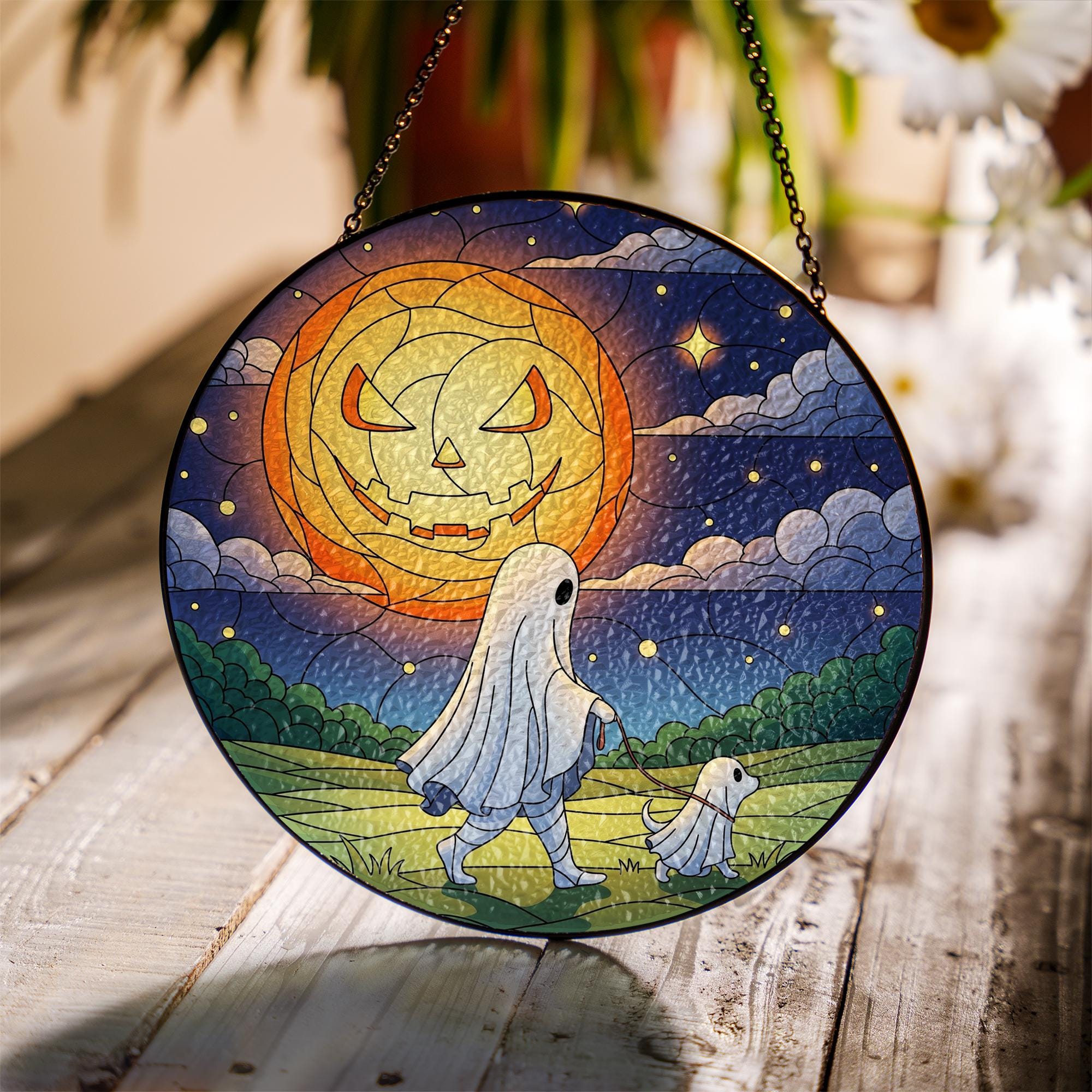 Cute Ghost Dog Stained Glass Suncatcher, Halloween Pumpkin Moon Window Hanging, Spooky Fall Decor for Home or Gift