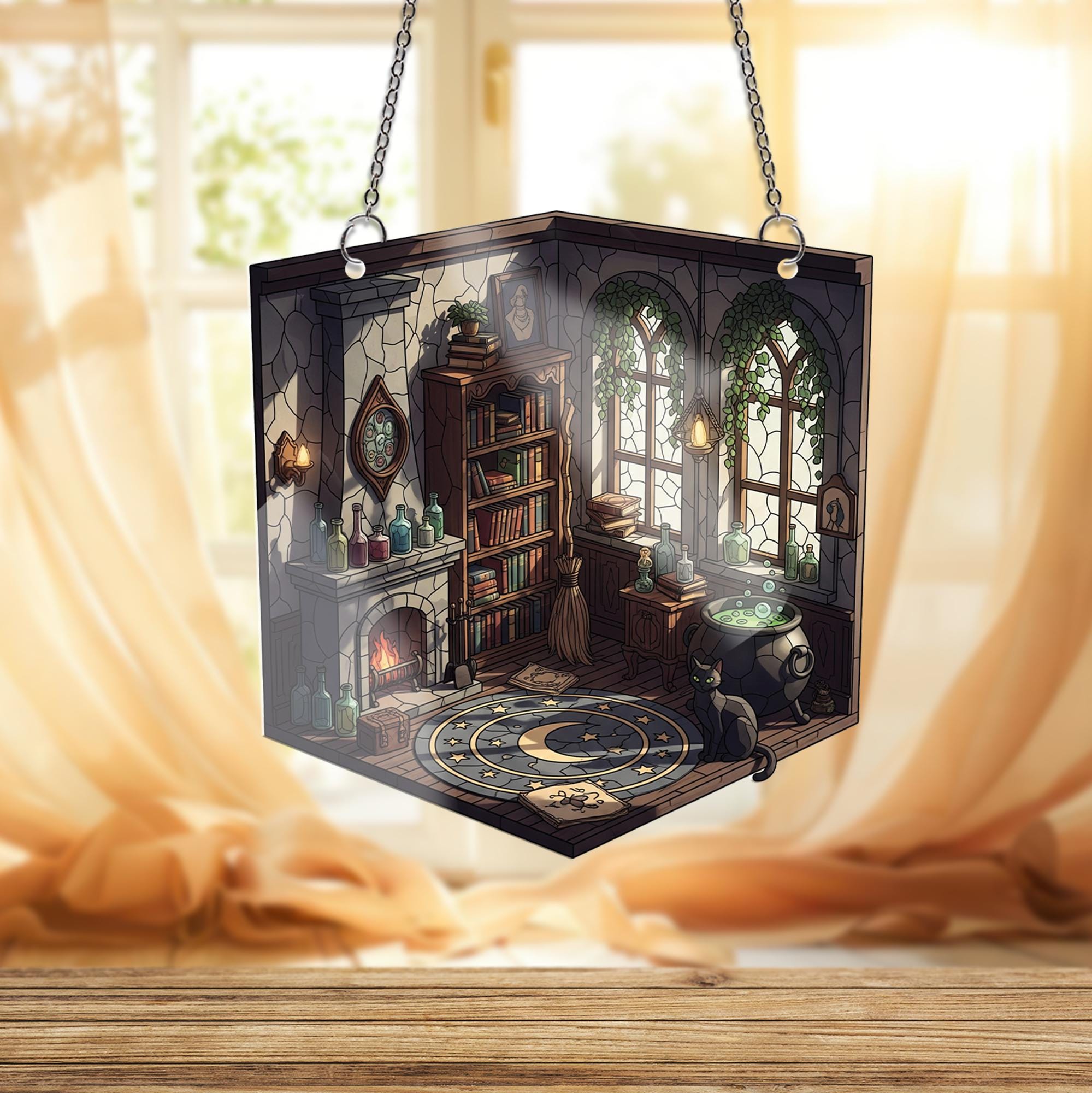 2D Flat Witch Room Suncatcher - Cozy Cottagecore Witchy Window Hanging with Cauldron, Spell Books & Cat, Magical Gothic Decor for Fall Home