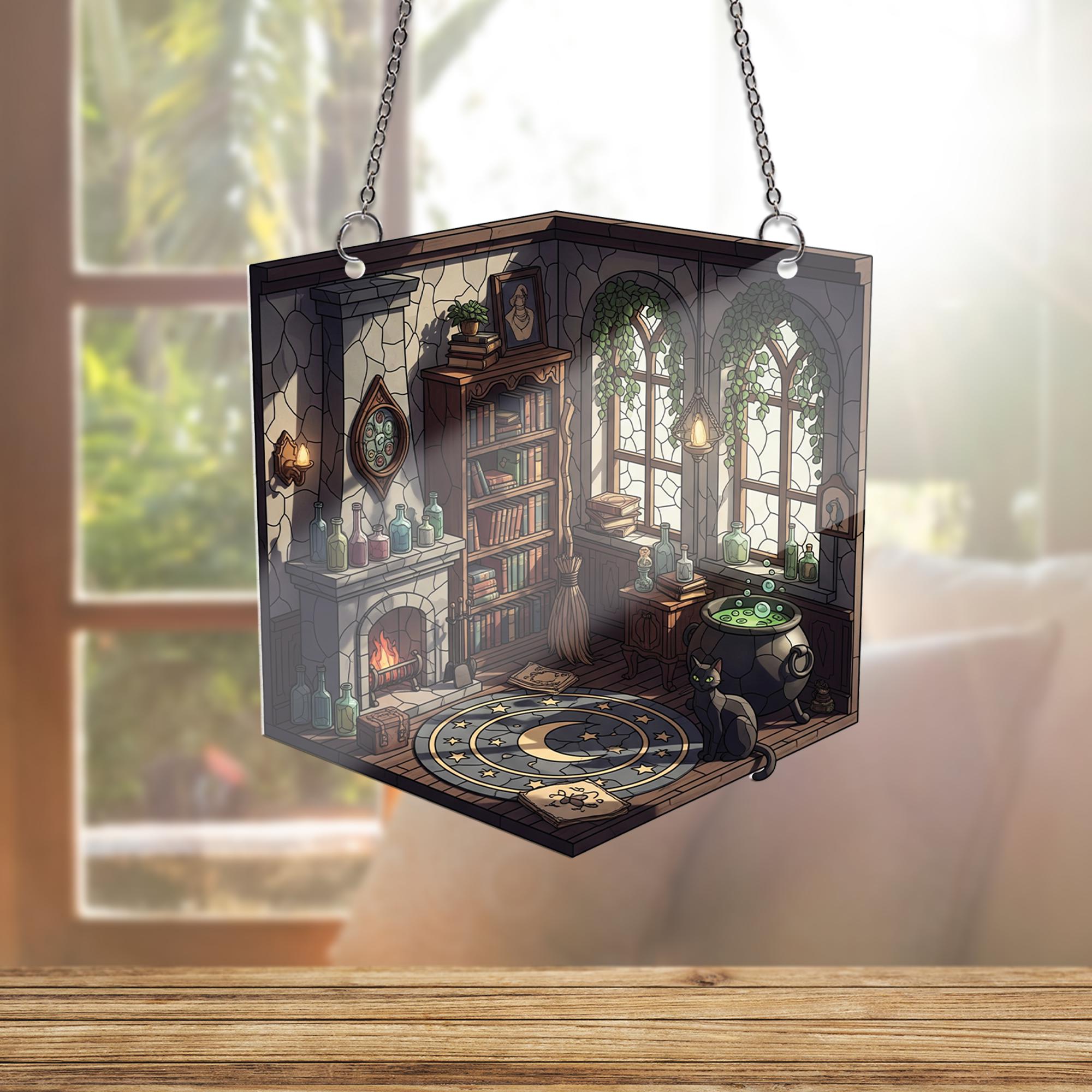 2D Flat Witch Room Suncatcher - Cozy Cottagecore Witchy Window Hanging with Cauldron, Spell Books & Cat, Magical Gothic Decor for Fall Home