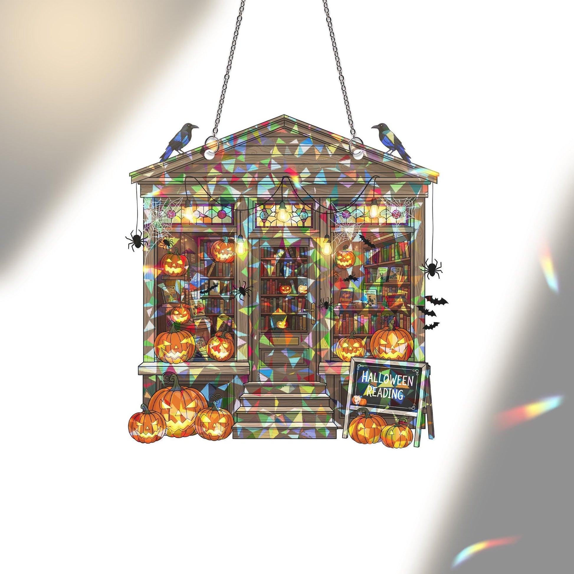 Halloween Bookshop Suncatcher - Spooky Reading Decor - Pumpkin Library Window Art