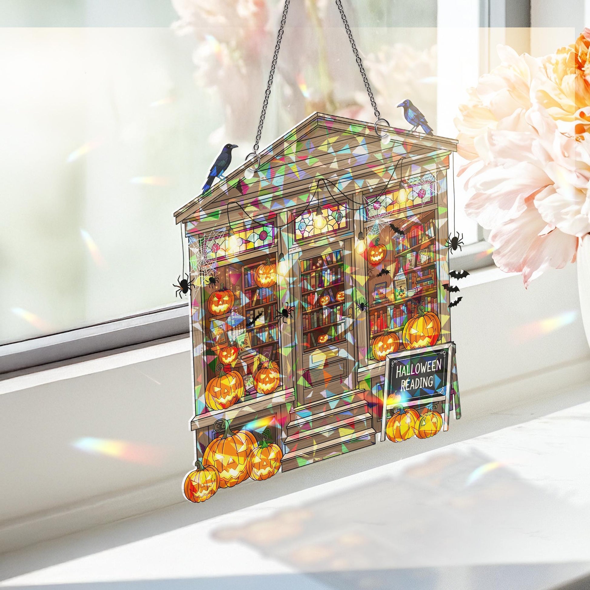 Halloween Bookshop Suncatcher - Spooky Reading Decor - Pumpkin Library Window Art