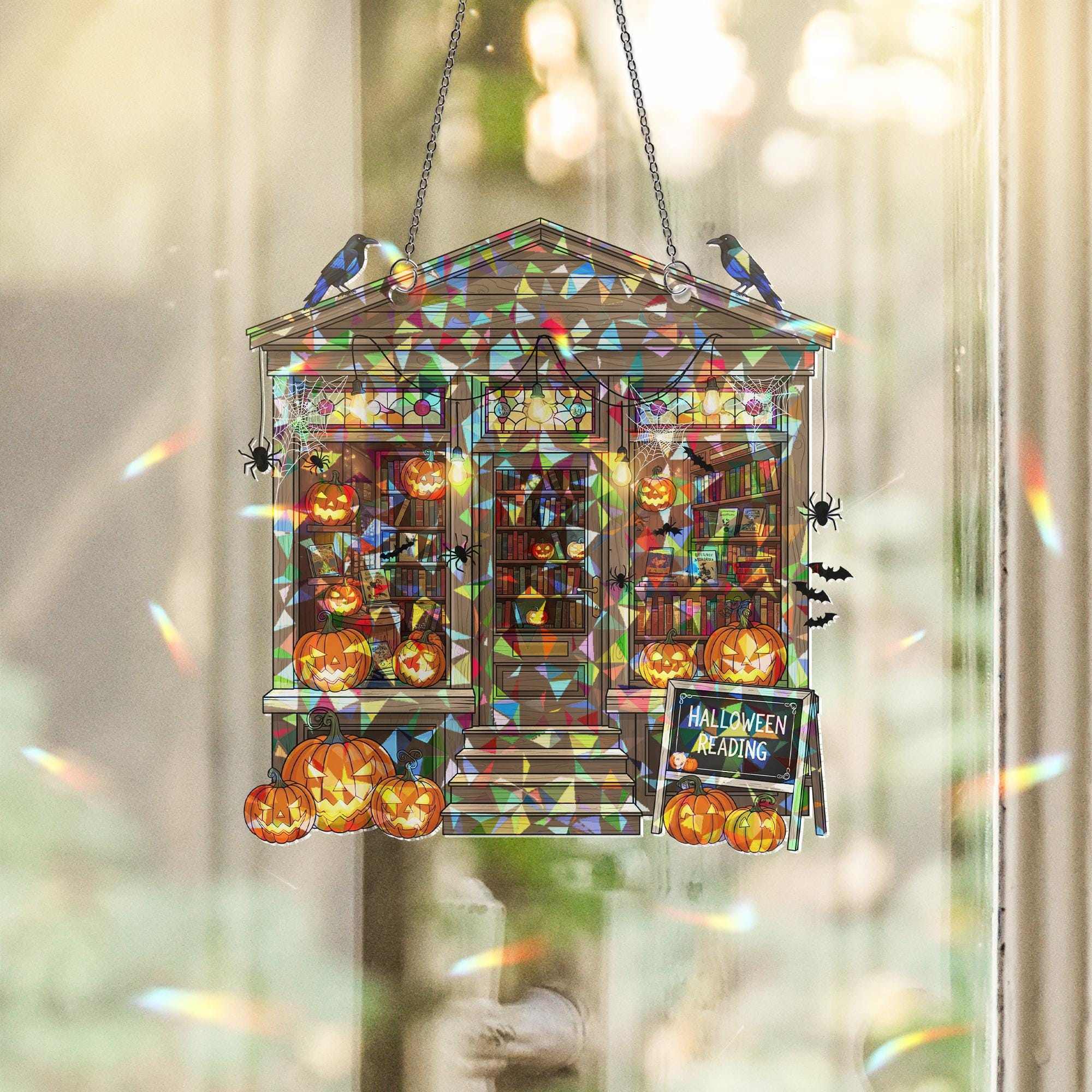 Halloween Bookshop Suncatcher - Spooky Reading Decor - Pumpkin Library Window Art