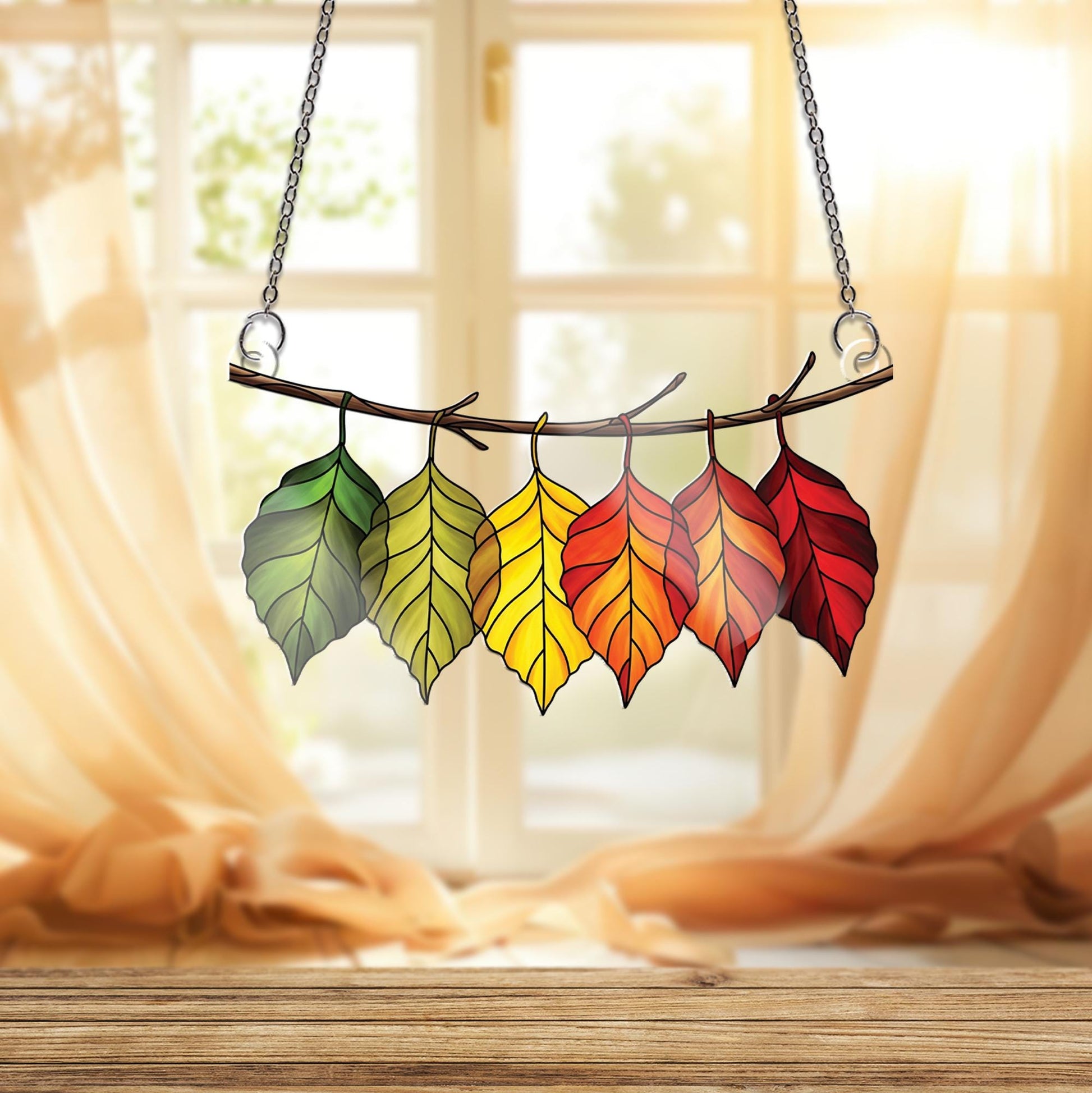 Autumn Leaves Suncatcher - Rainbow Fall Leaf Window Hanging Decor, Stained Glass Style Branch Garland for Cozy Seasonal Home Accent