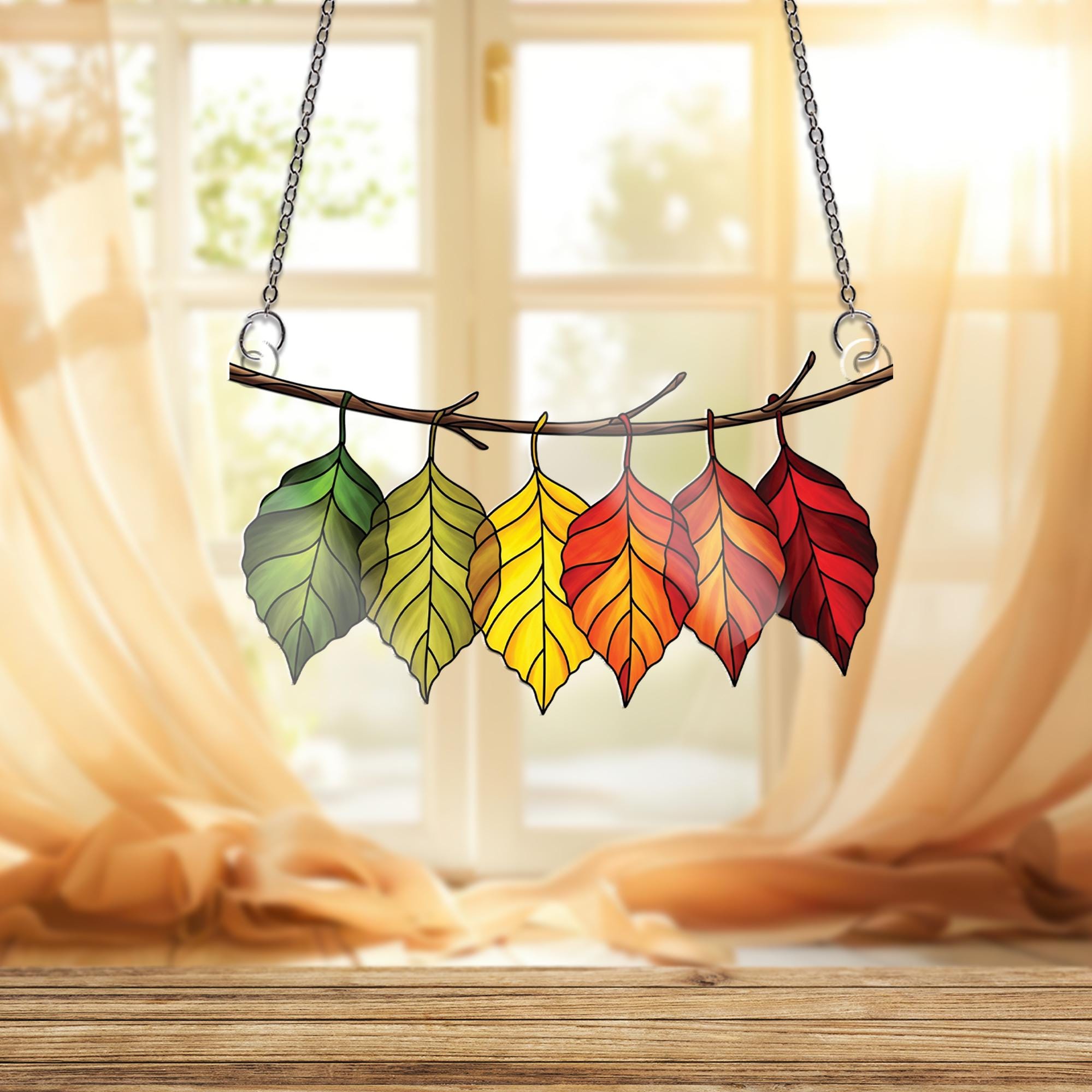 Autumn Leaves Suncatcher - Rainbow Fall Leaf Window Hanging Decor, Stained Glass Style Branch Garland for Cozy Seasonal Home Accent