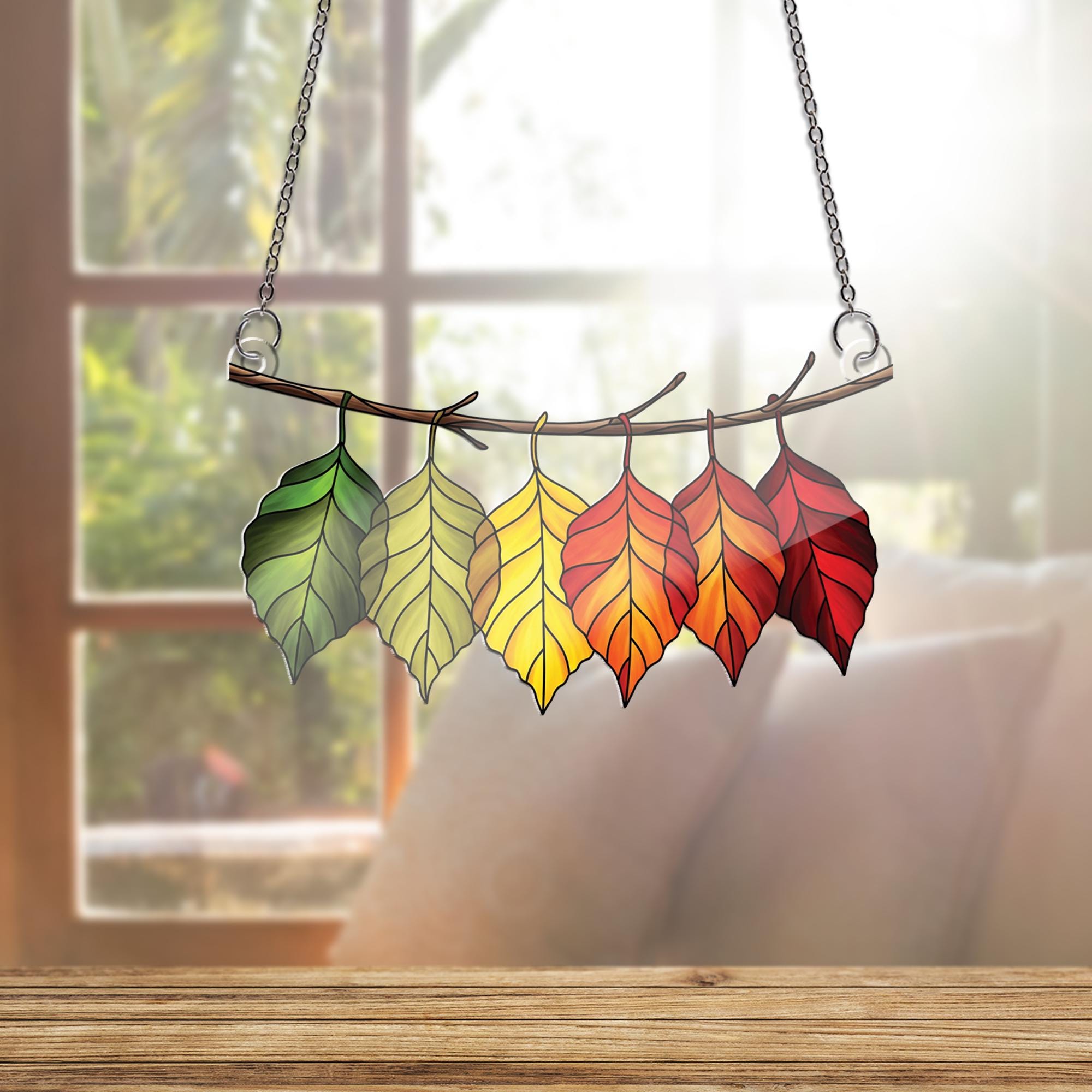 Autumn Leaves Suncatcher - Rainbow Fall Leaf Window Hanging Decor, Stained Glass Style Branch Garland for Cozy Seasonal Home Accent