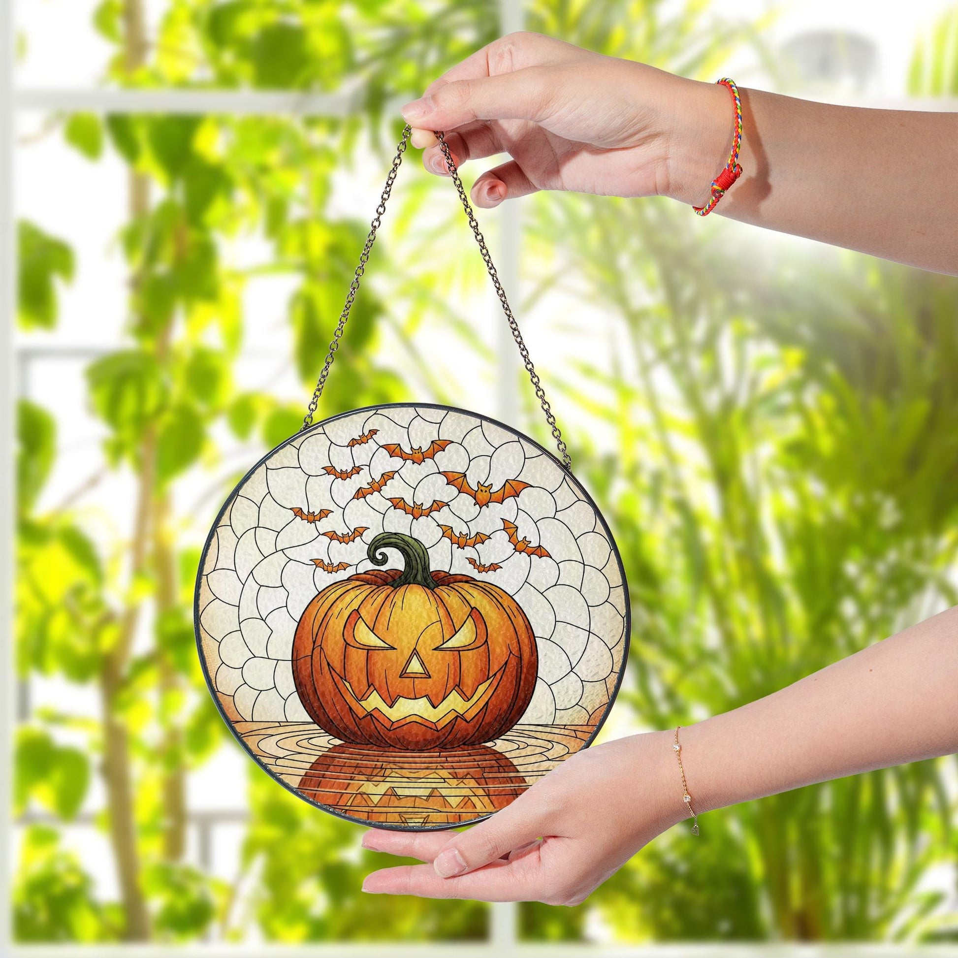 Jack-O'-Lantern Stained Glass Suncatcher, Halloween Pumpkin Window Hanging, Spooky Bat Decor, Fall Gothic Home Accent