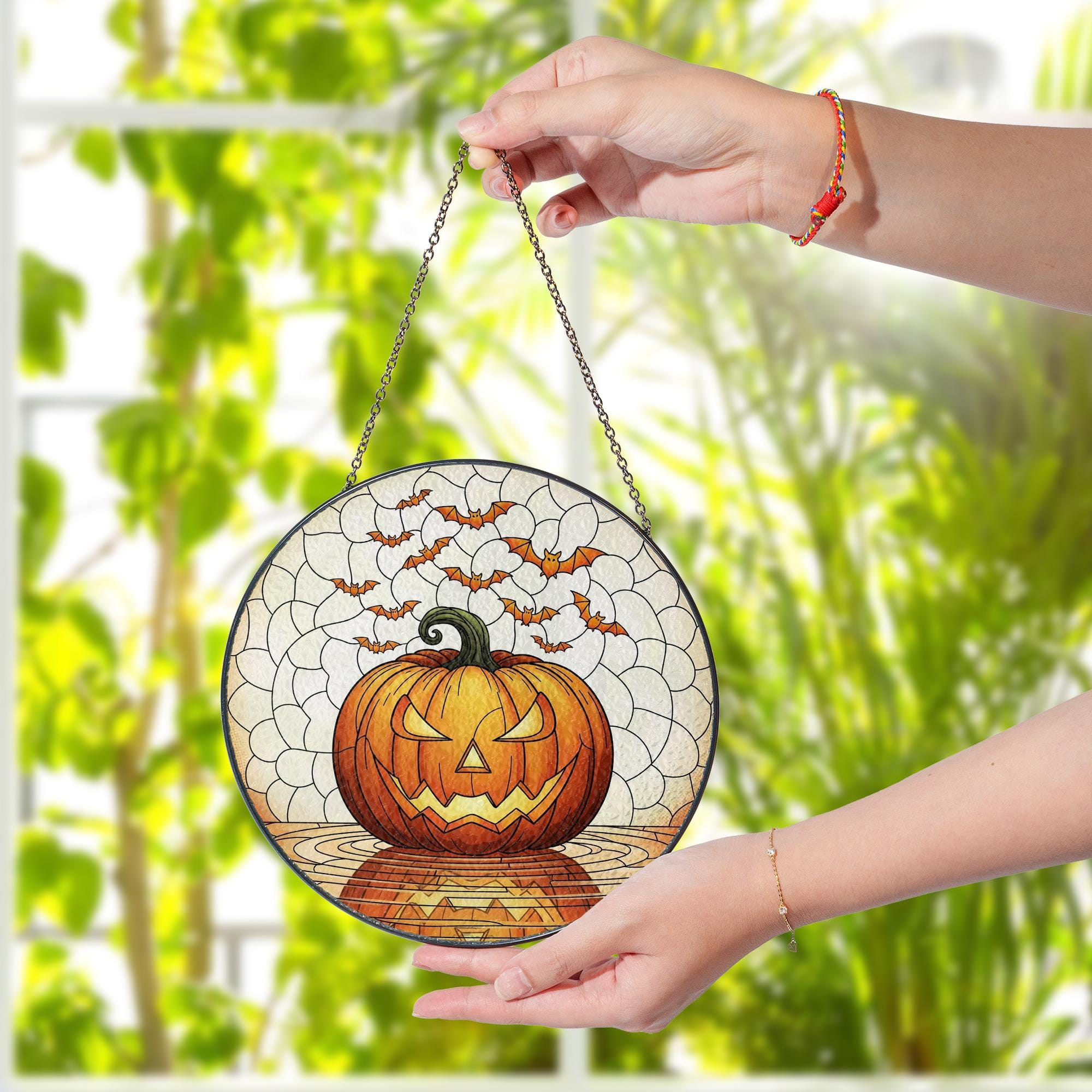 Jack-O'-Lantern Stained Glass Suncatcher, Halloween Pumpkin Window Hanging, Spooky Bat Decor, Fall Gothic Home Accent