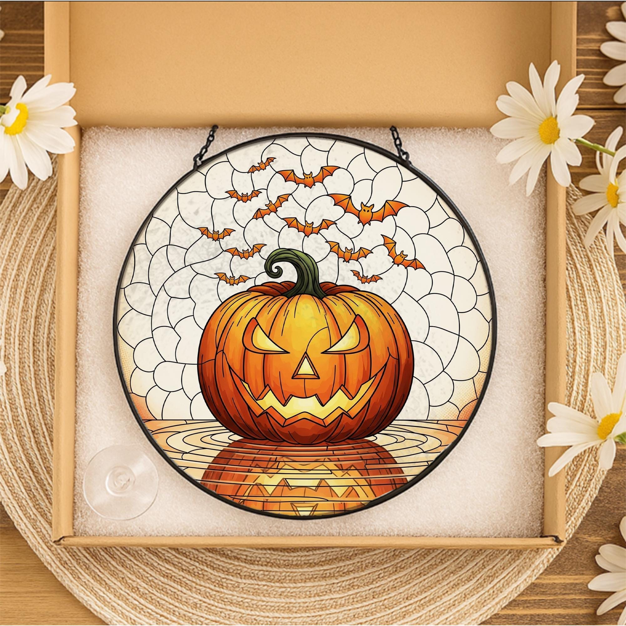 Jack-O'-Lantern Stained Glass Suncatcher, Halloween Pumpkin Window Hanging, Spooky Bat Decor, Fall Gothic Home Accent