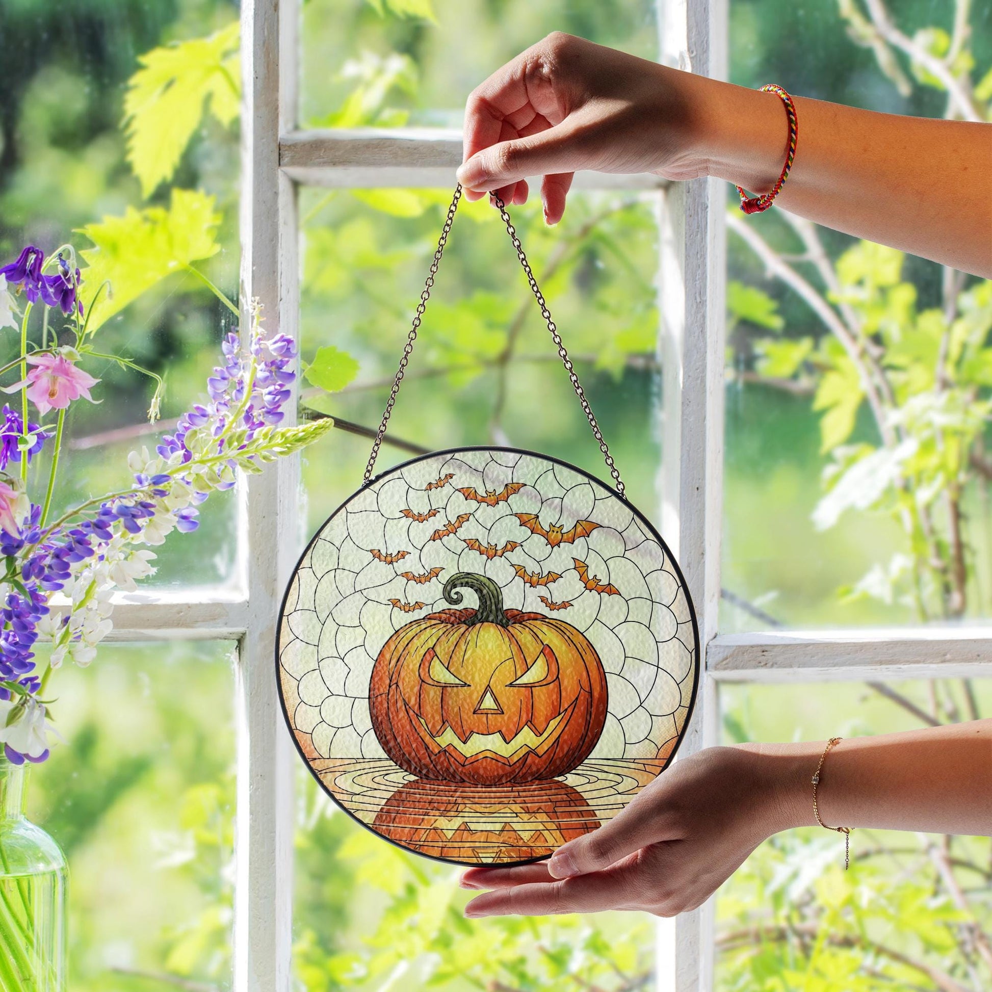 Jack-O'-Lantern Stained Glass Suncatcher, Halloween Pumpkin Window Hanging, Spooky Bat Decor, Fall Gothic Home Accent