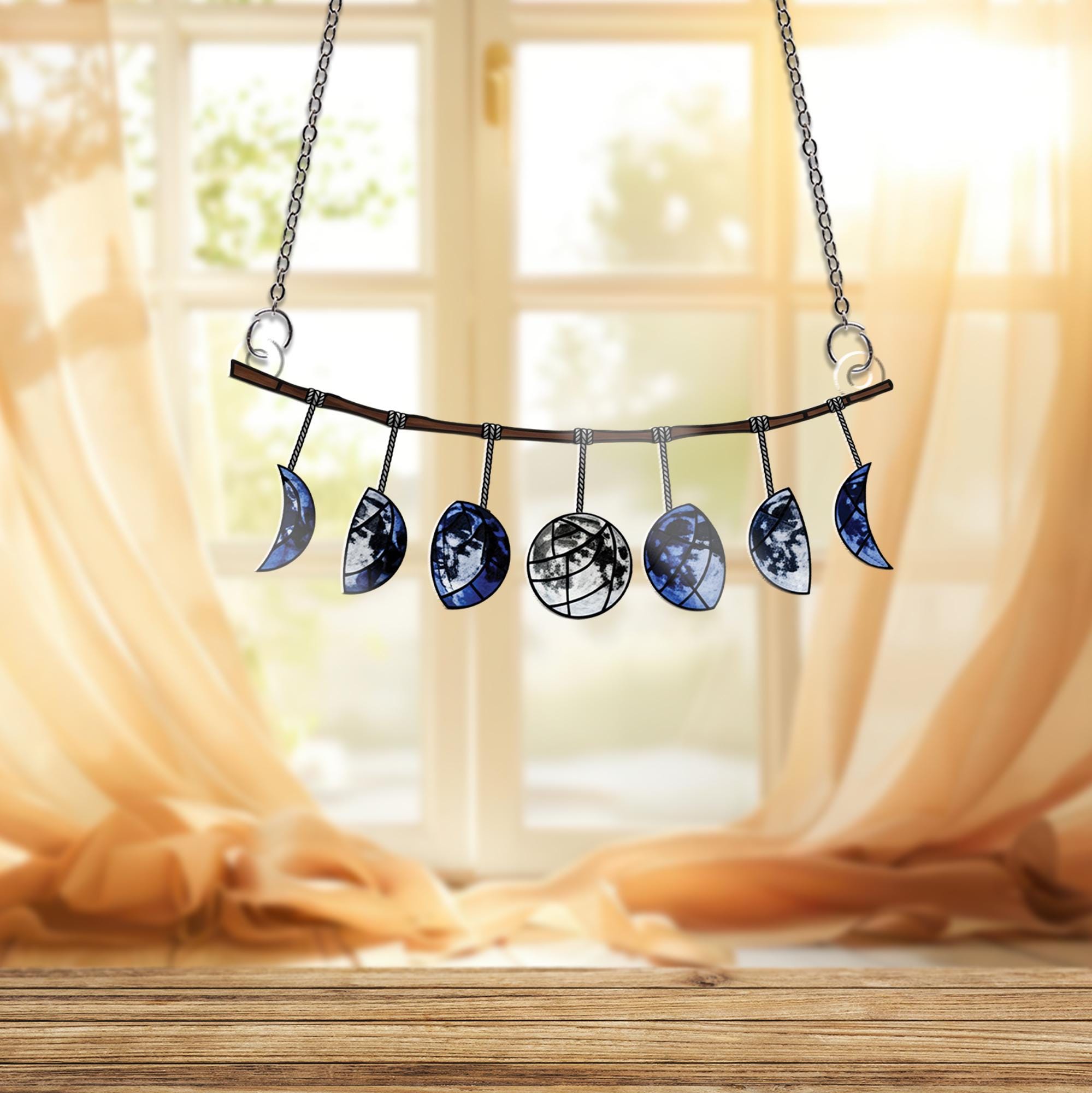 Moon Phase Suncatcher - Celestial Blue Moon Garland Window Hanging, Stained Glass Style Lunar Decor for Witchy or Boho Home Vibes