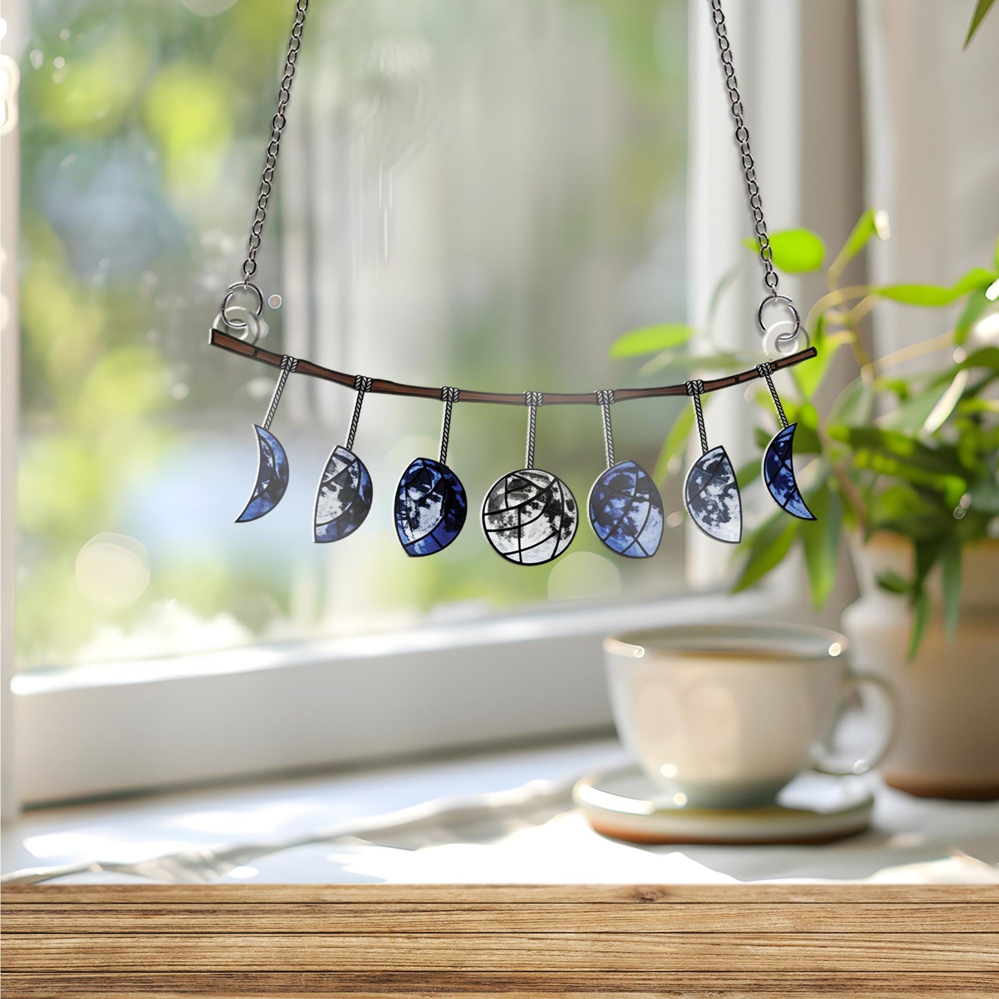 Moon Phase Suncatcher - Celestial Blue Moon Garland Window Hanging, Stained Glass Style Lunar Decor for Witchy or Boho Home Vibes