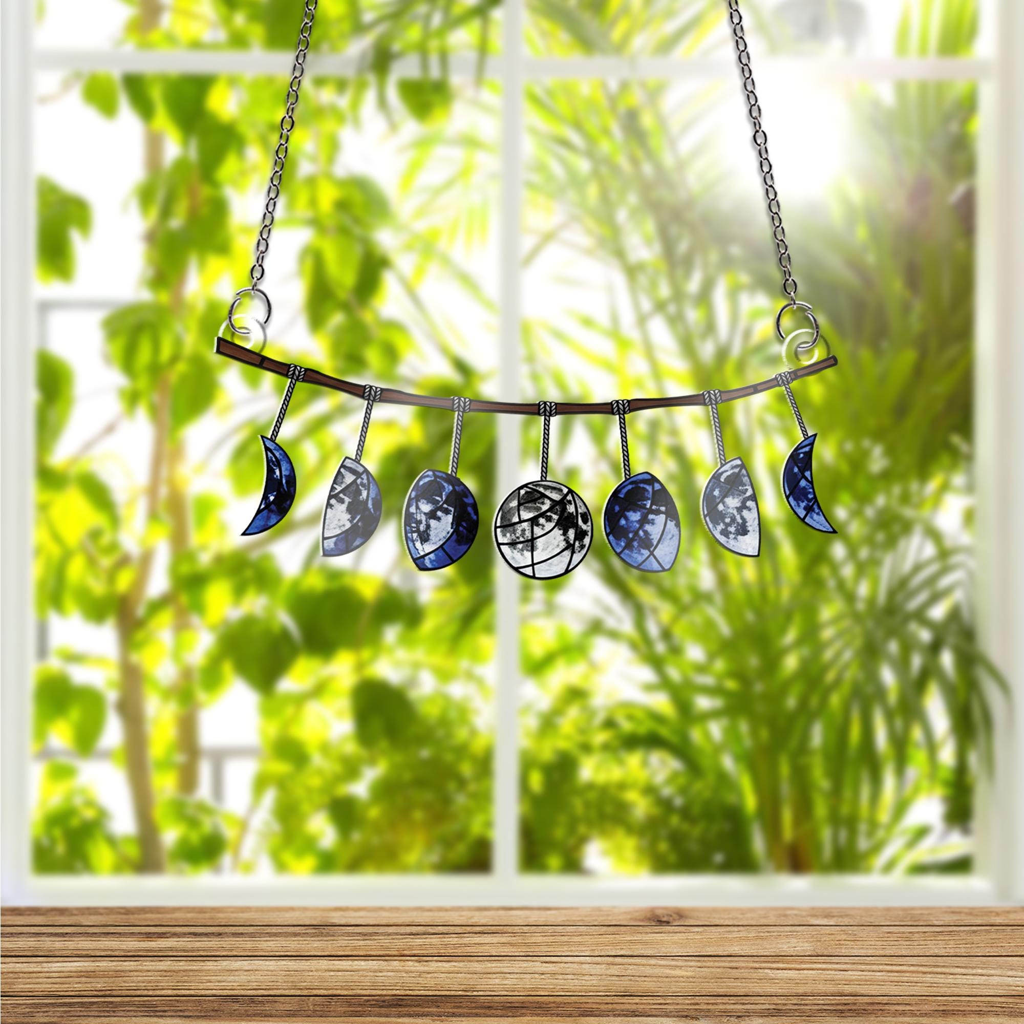 Moon Phase Suncatcher - Celestial Blue Moon Garland Window Hanging, Stained Glass Style Lunar Decor for Witchy or Boho Home Vibes