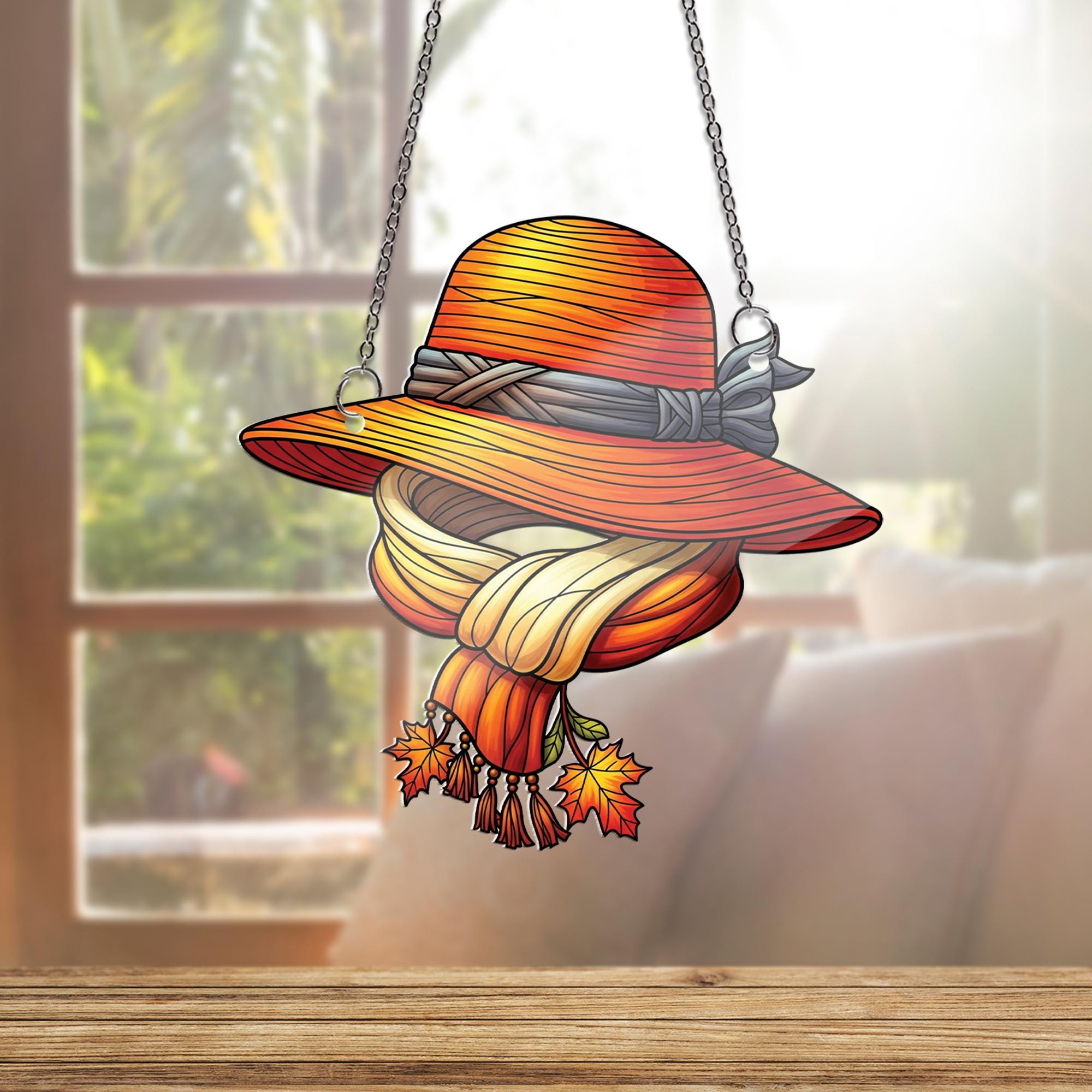 Autumn Hat & Scarf Ornament , Fall Window Hanging with Leaves, Cozy Rustic Seasonal Home Decor Gift