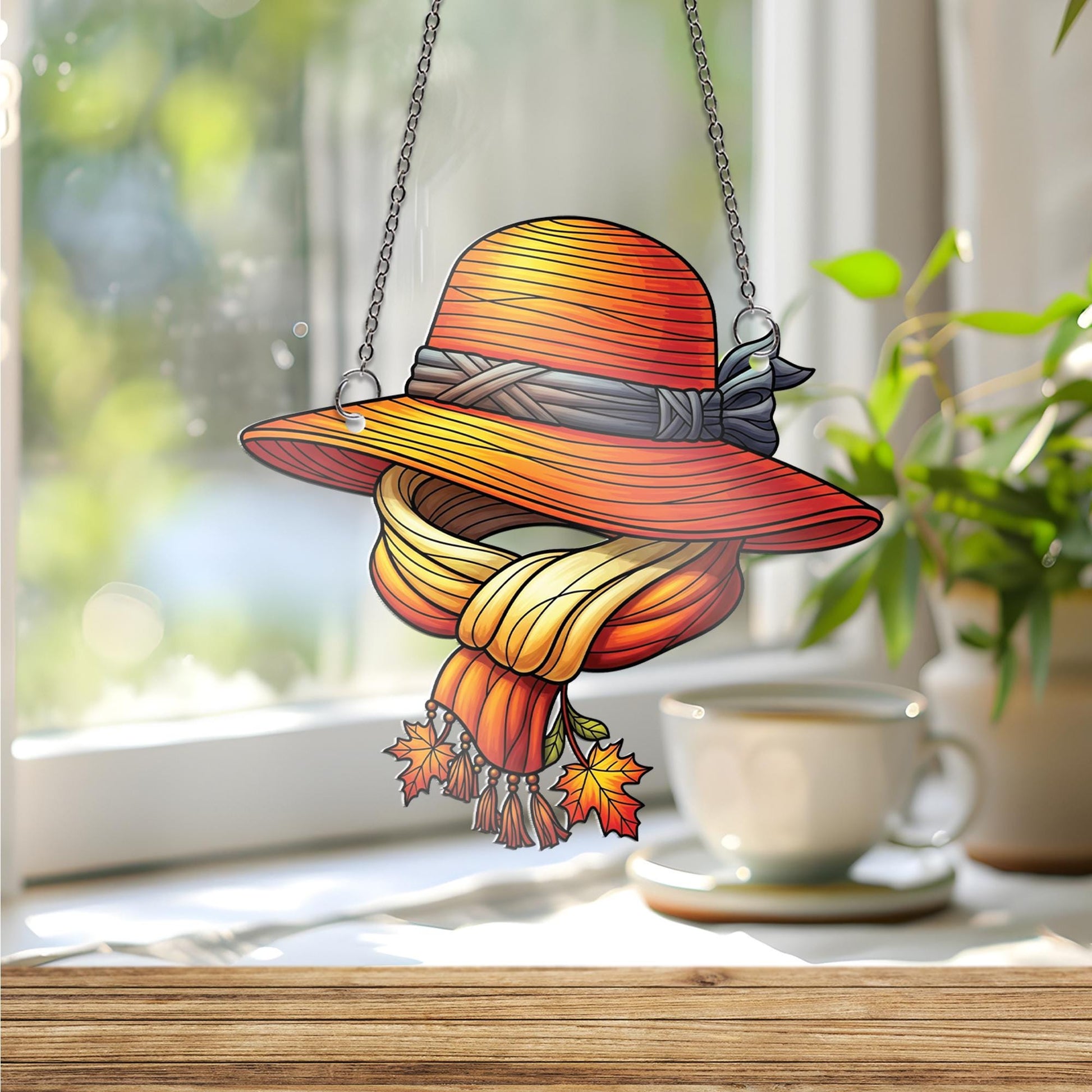 Autumn Hat & Scarf Ornament , Fall Window Hanging with Leaves, Cozy Rustic Seasonal Home Decor Gift