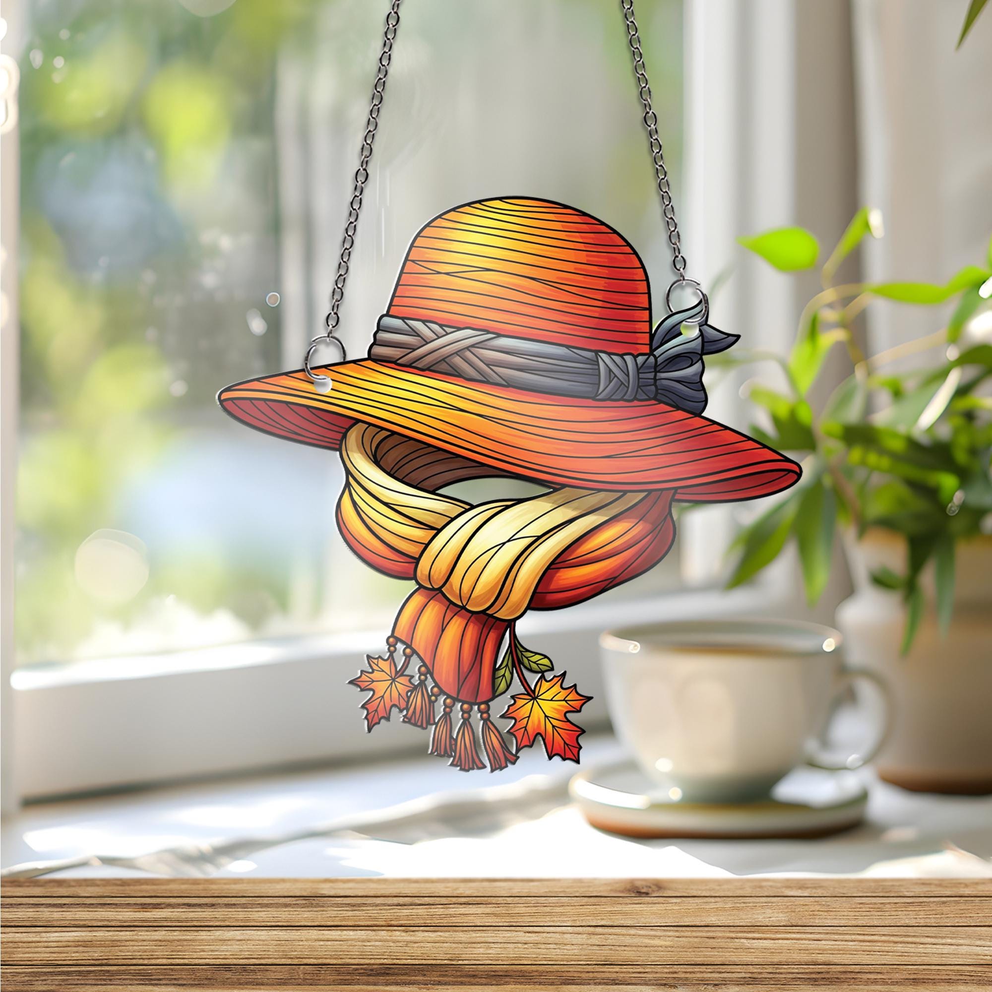 Autumn Hat & Scarf Ornament , Fall Window Hanging with Leaves, Cozy Rustic Seasonal Home Decor Gift