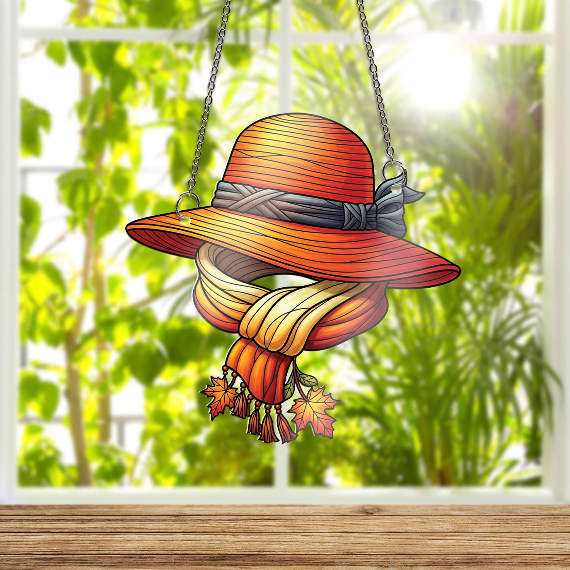 Autumn Hat & Scarf Ornament , Fall Window Hanging with Leaves, Cozy Rustic Seasonal Home Decor Gift