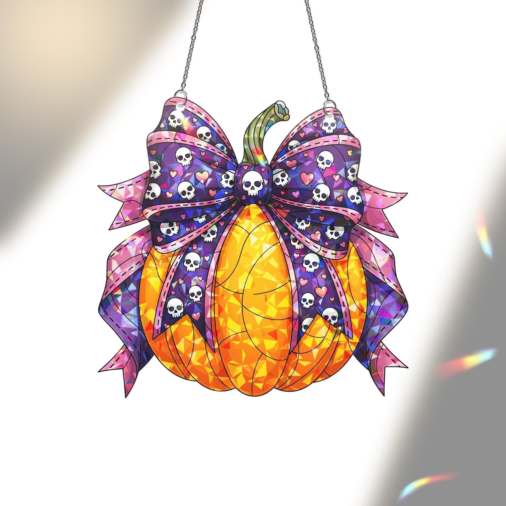 Halloween Pumpkin Suncatcher with Skull Bow - Cute Spooky Window Decor