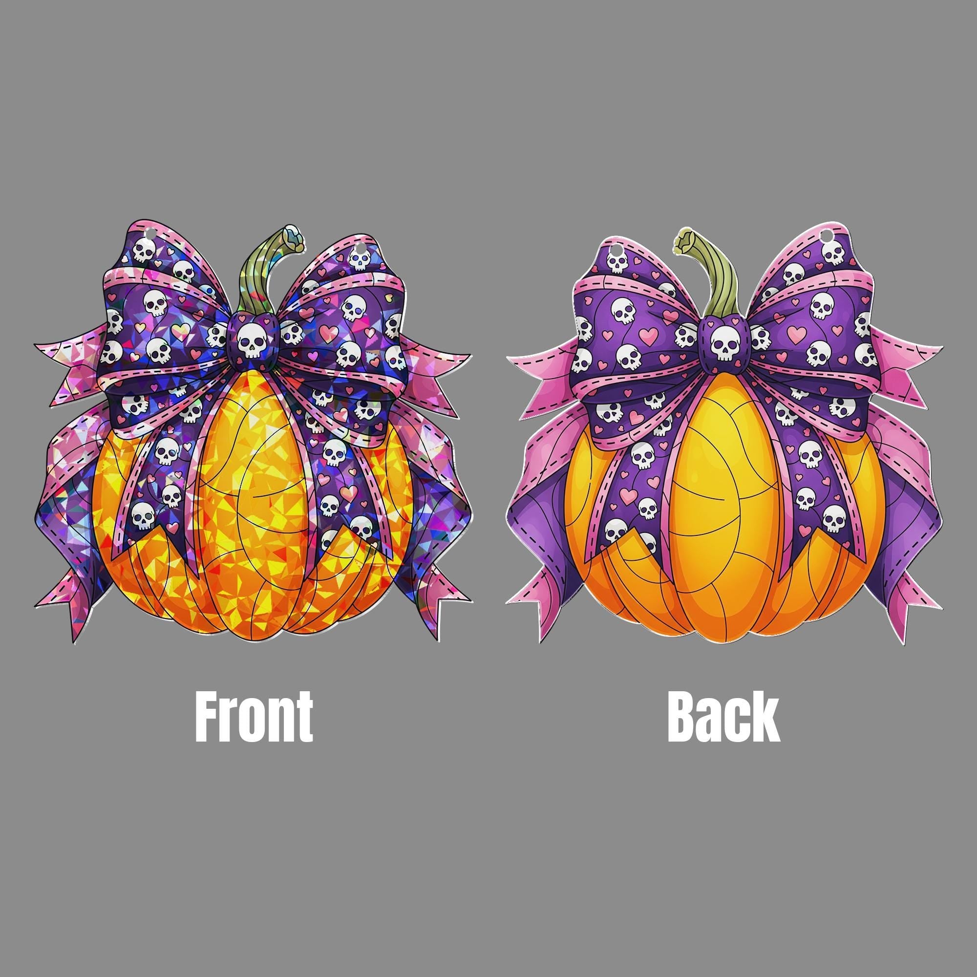 Halloween Pumpkin Suncatcher with Skull Bow - Cute Spooky Window Decor