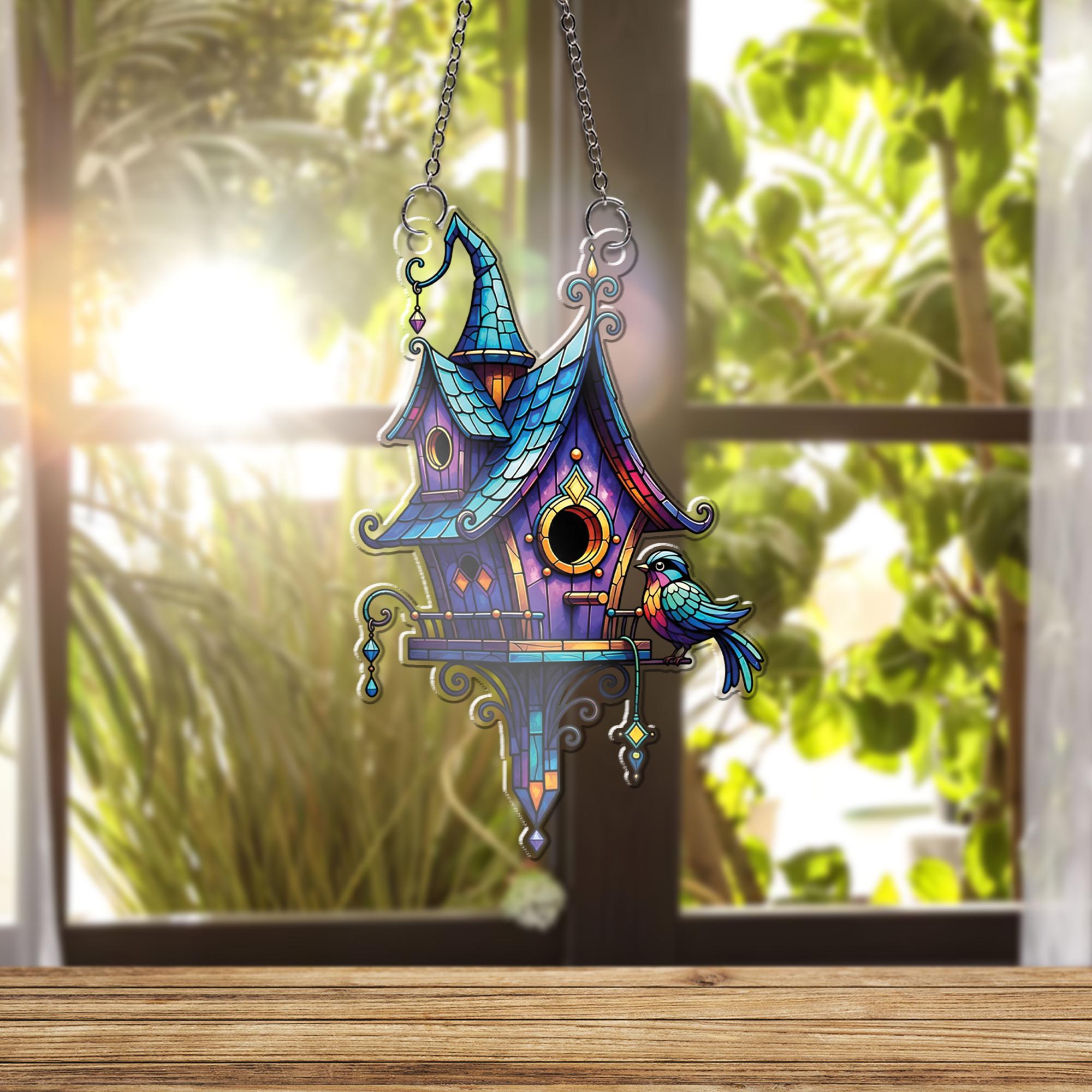 Whimsical Birdhouse Suncatcher - Stained Glass Style Window Hanging with Colorful Roof and Bird, Cottagecore Fairy Garden Home Decor