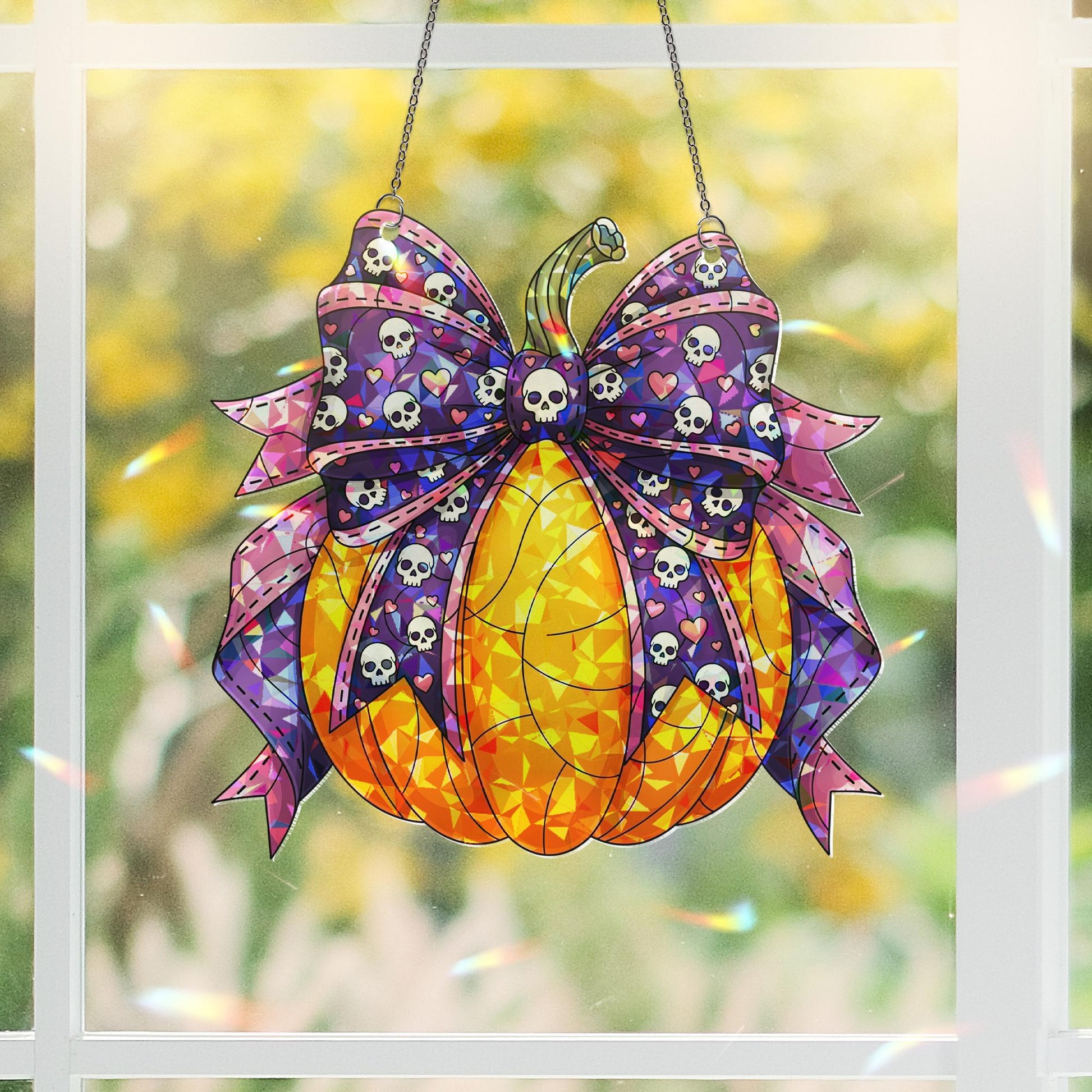 Halloween Pumpkin Suncatcher with Skull Bow - Cute Spooky Window Decor