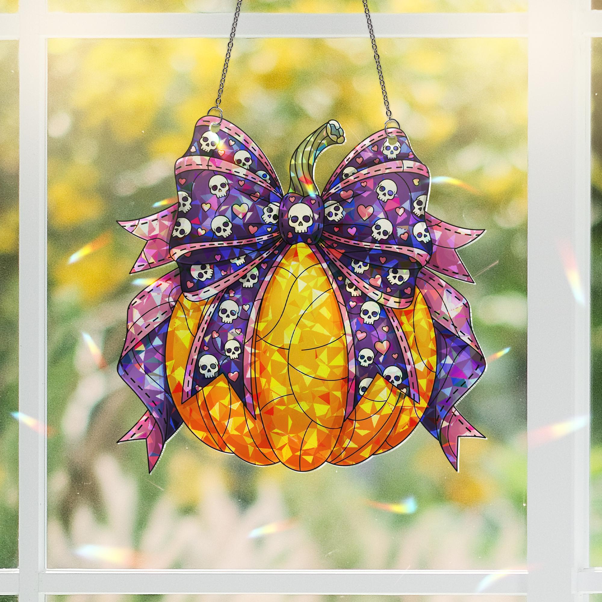 Halloween Pumpkin Suncatcher with Skull Bow - Cute Spooky Window Decor