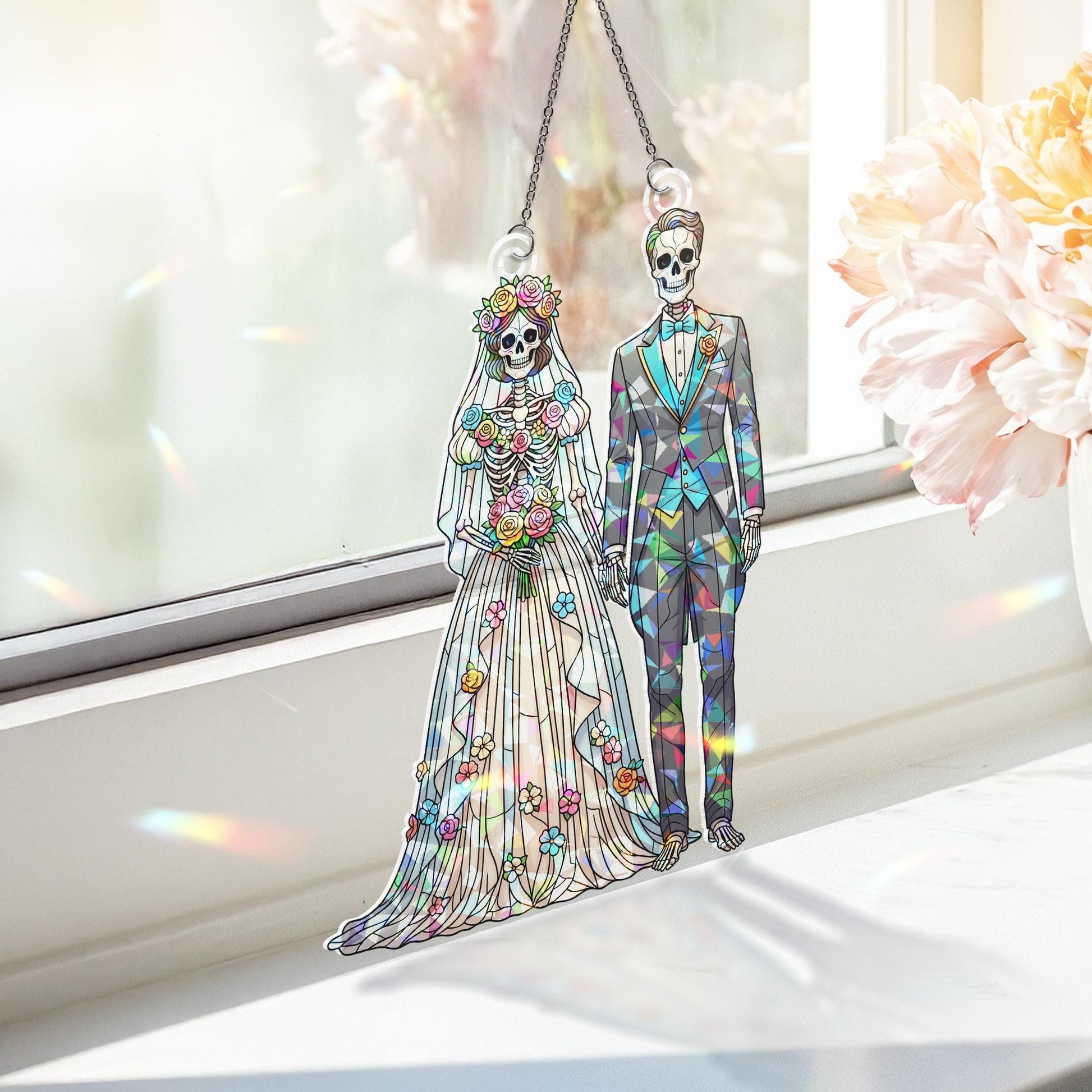 Skeleton Wedding Couple Suncatcher - Gothic Halloween Bride and Groom Decor