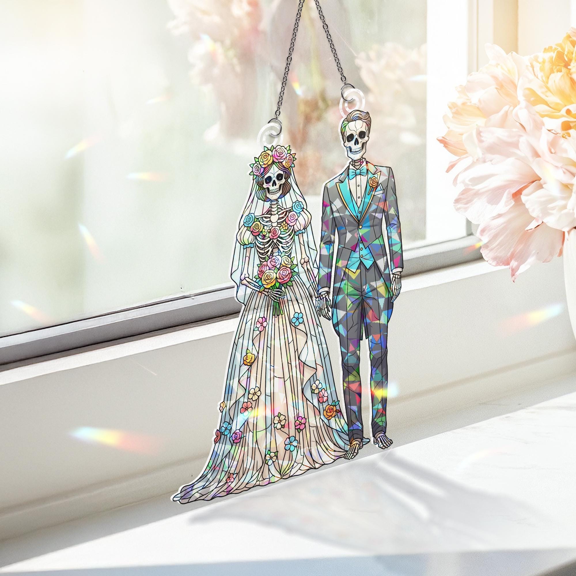 Skeleton Wedding Couple Suncatcher - Gothic Halloween Bride and Groom Decor