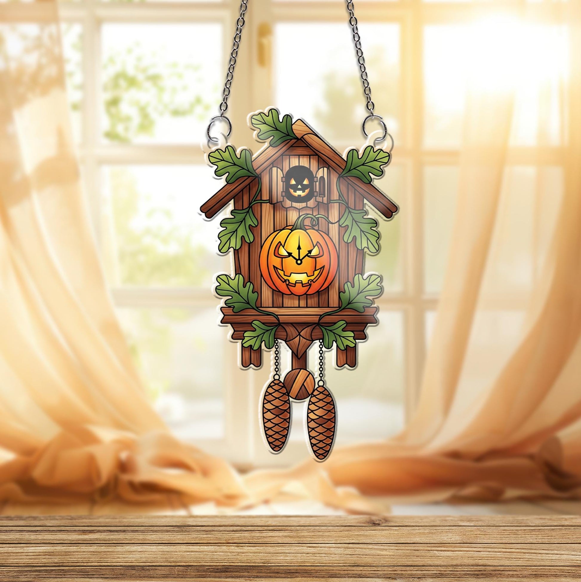 Halloween Cuckoo Clock Ornament , Pumpkin Jack O Lantern Window Hanging, Fall Rustic Spooky Decor for Home or Gift