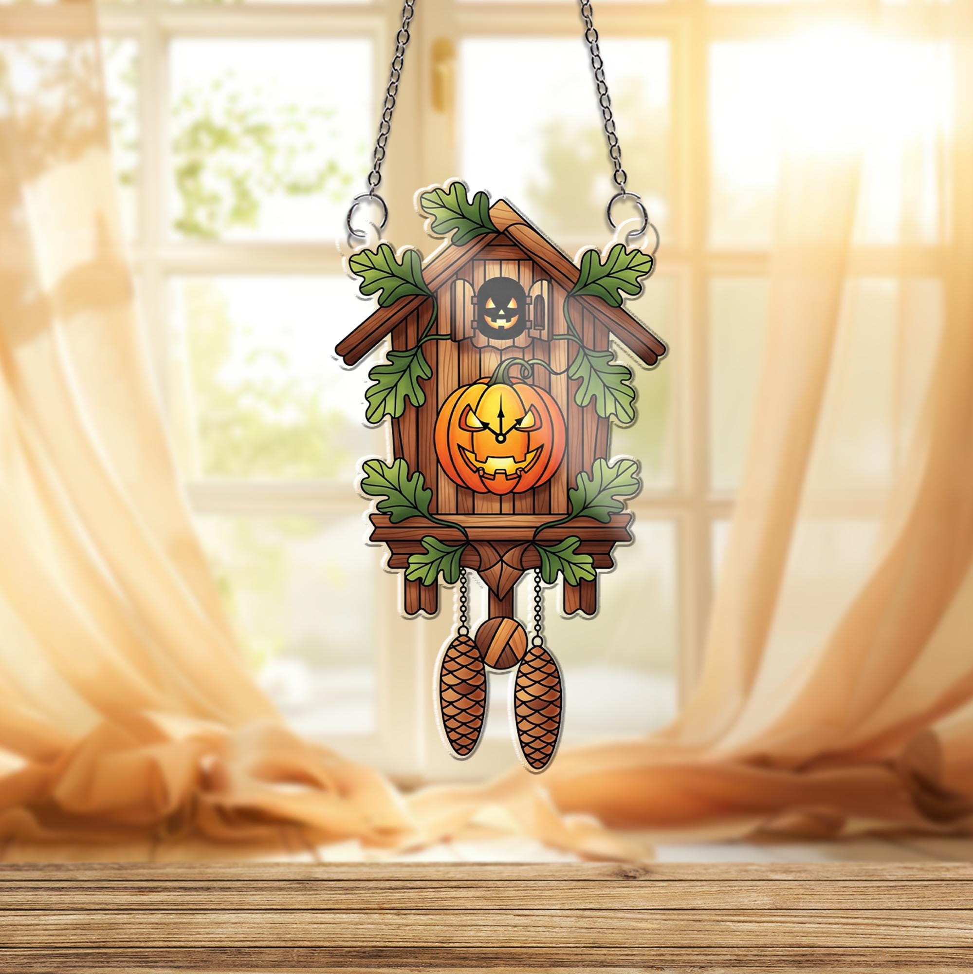Halloween Cuckoo Clock Ornament , Pumpkin Jack O Lantern Window Hanging, Fall Rustic Spooky Decor for Home or Gift