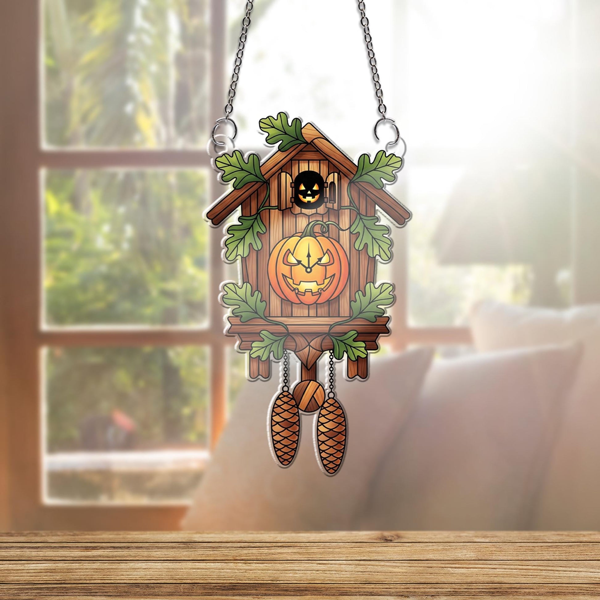 Halloween Cuckoo Clock Ornament , Pumpkin Jack O Lantern Window Hanging, Fall Rustic Spooky Decor for Home or Gift