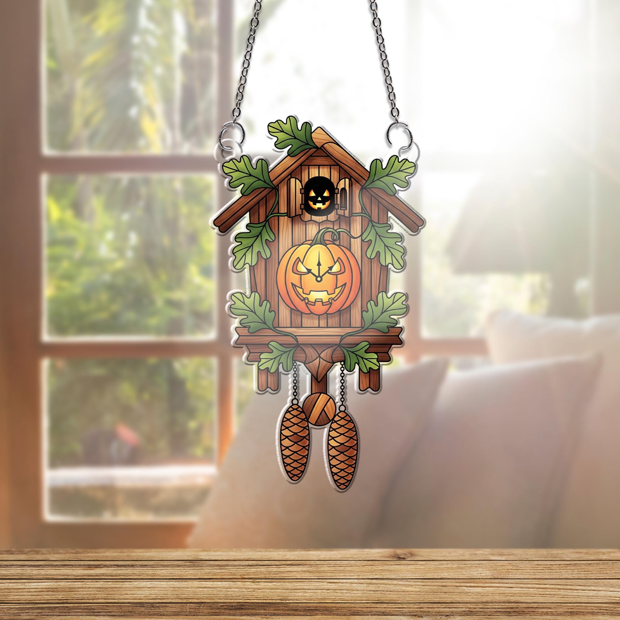 Halloween Cuckoo Clock Ornament , Pumpkin Jack O Lantern Window Hanging, Fall Rustic Spooky Decor for Home or Gift