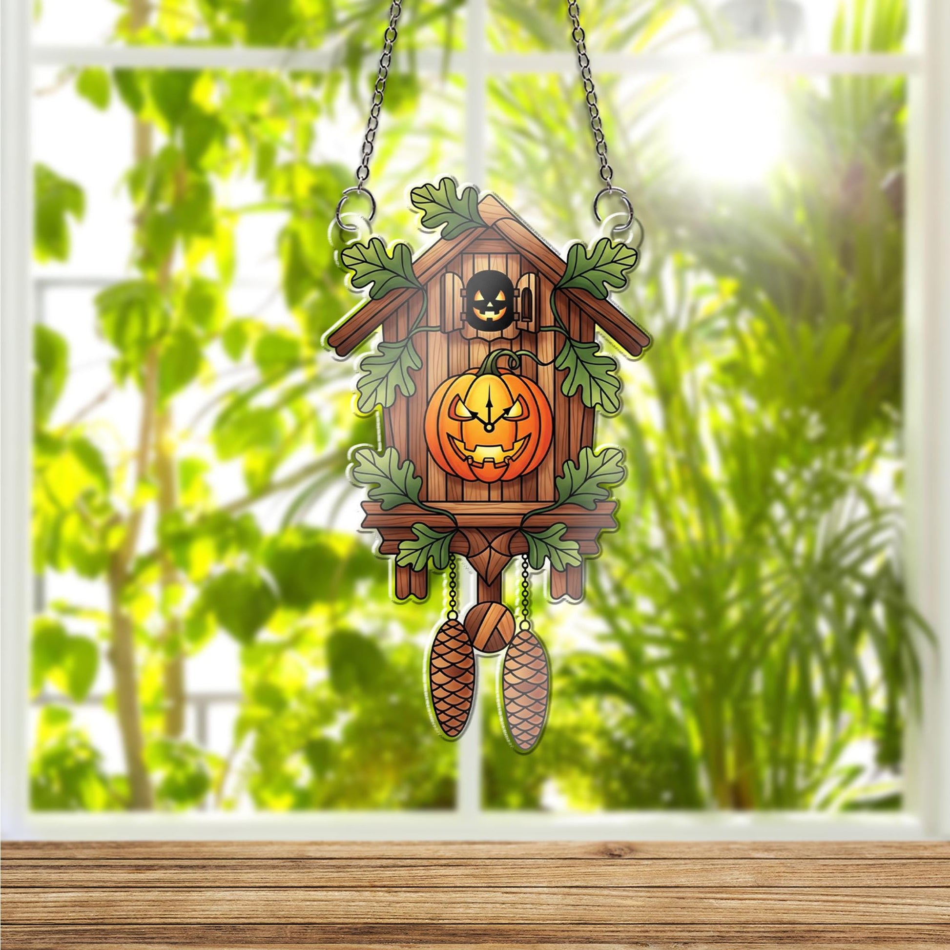 Halloween Cuckoo Clock Ornament , Pumpkin Jack O Lantern Window Hanging, Fall Rustic Spooky Decor for Home or Gift