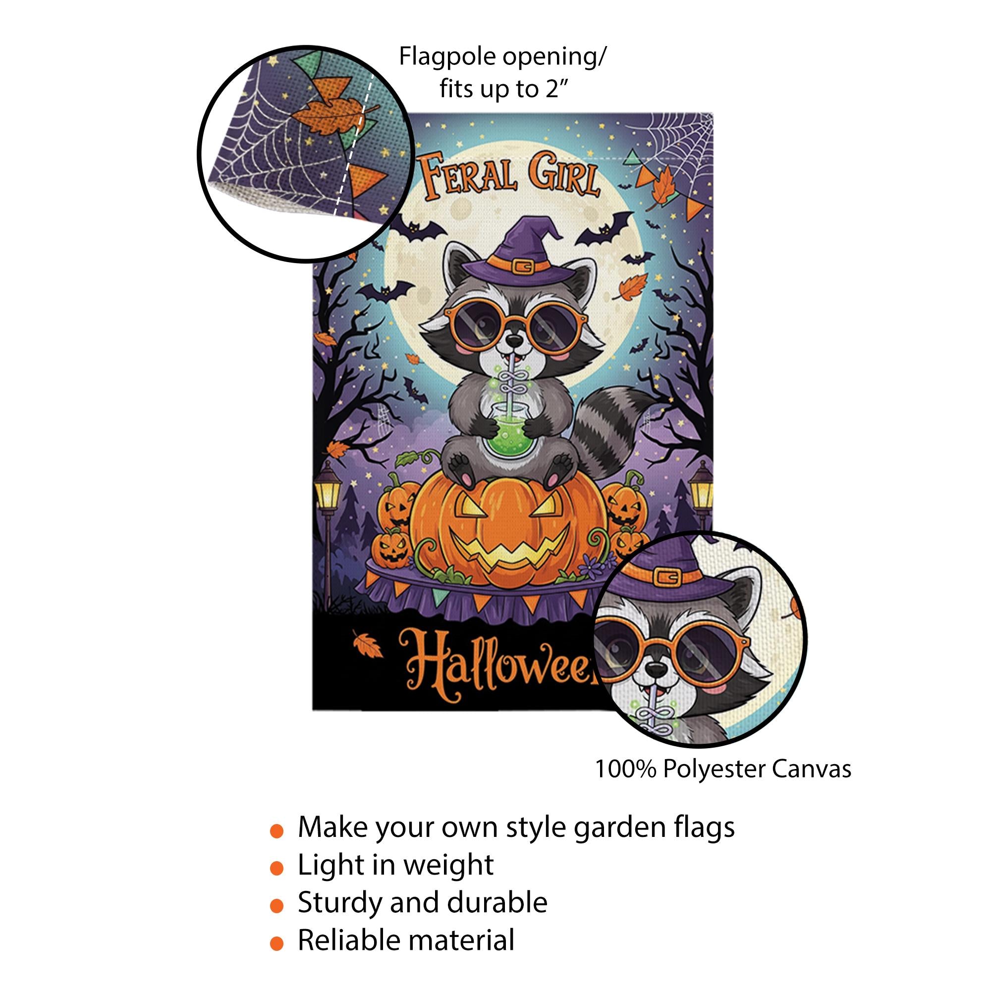 Feral Girl Halloween Garden Flag - Cute Witch Raccoon Fall Yard Decor