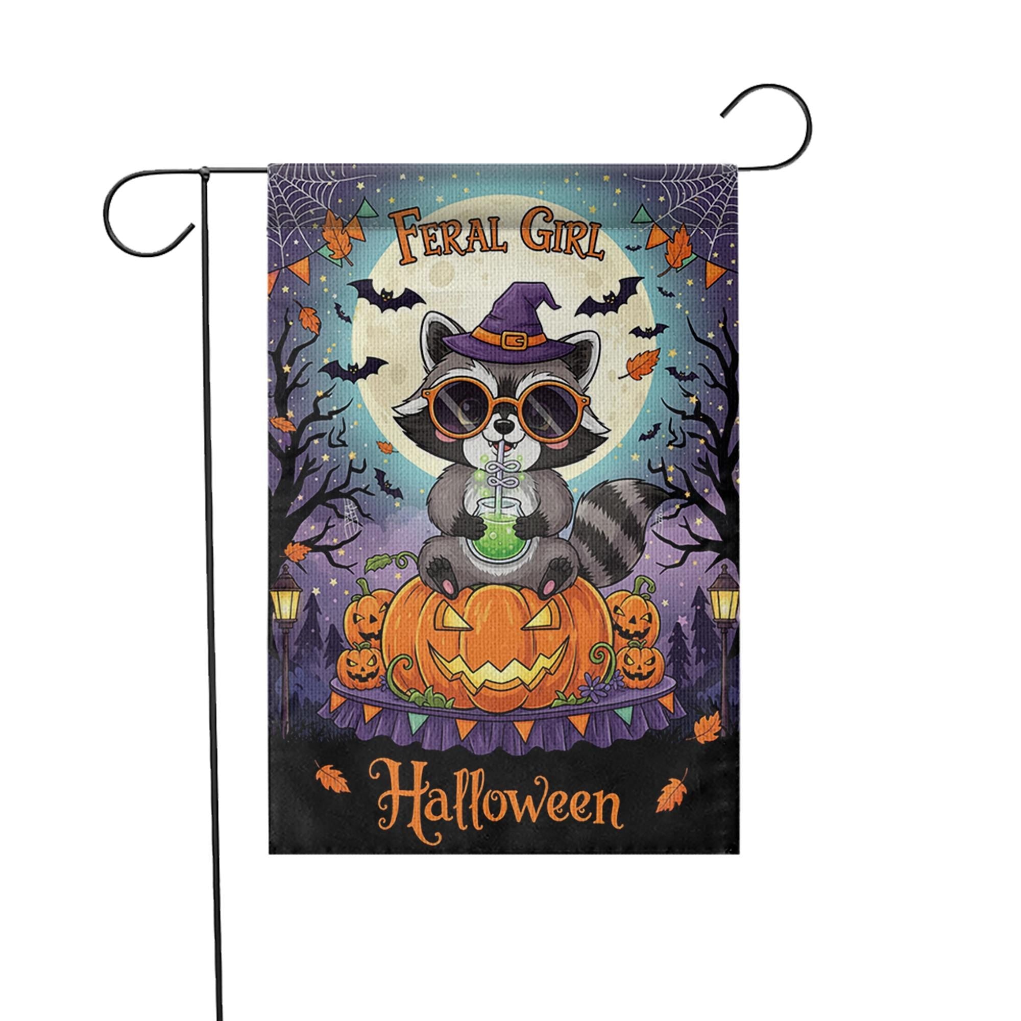 Feral Girl Halloween Garden Flag - Cute Witch Raccoon Fall Yard Decor