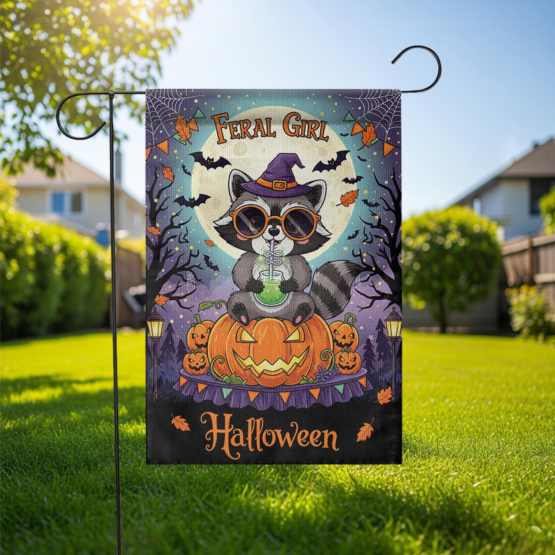 Feral Girl Halloween Garden Flag - Cute Witch Raccoon Fall Yard Decor