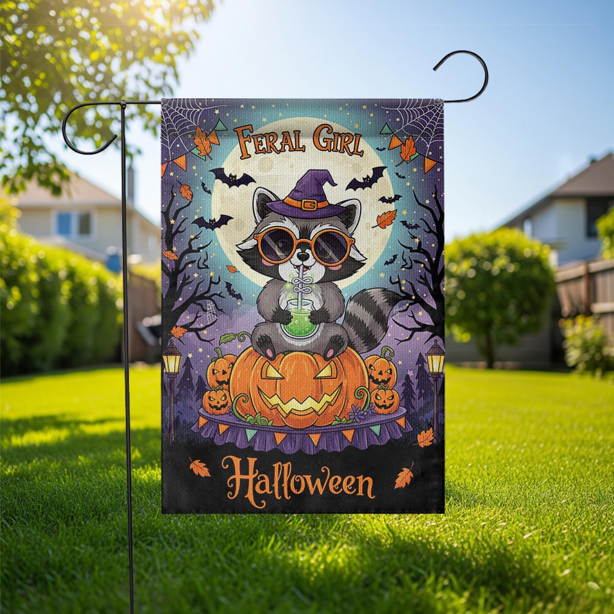 Feral Girl Halloween Garden Flag - Cute Witch Raccoon Fall Yard Decor