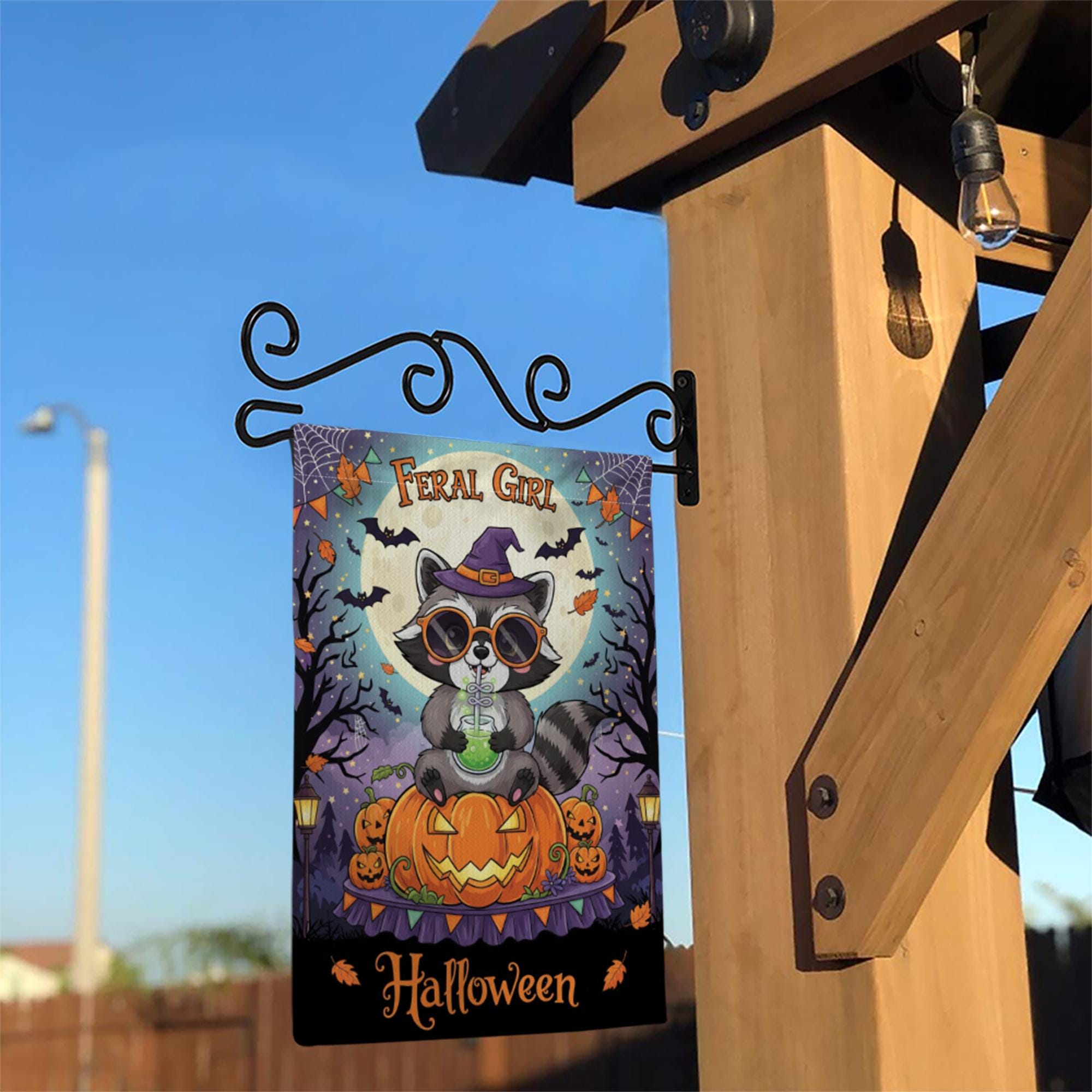 Feral Girl Halloween Garden Flag - Cute Witch Raccoon Fall Yard Decor