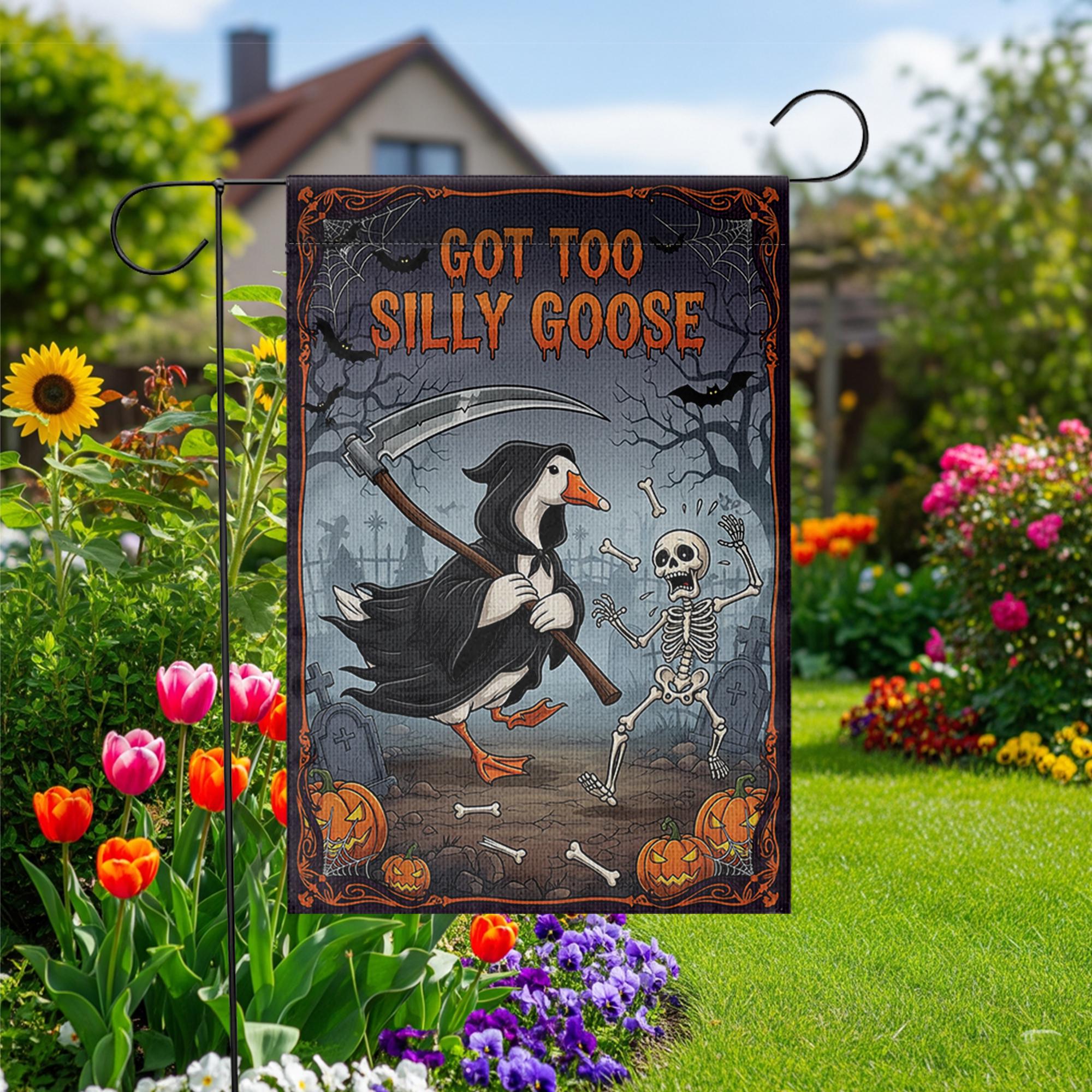 Funny Halloween Garden Flag - Grim Reaper Goose with Skeleton Yard Decor