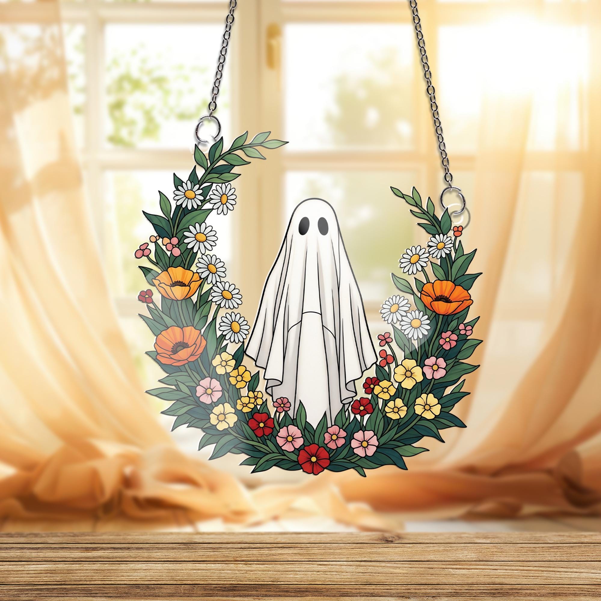 Ghost Floral Ornament , Cute Halloween Window Hanging, Spooky Cottagecore Ghost Decor, Boo Ghost with Wildflowers Gift Idea