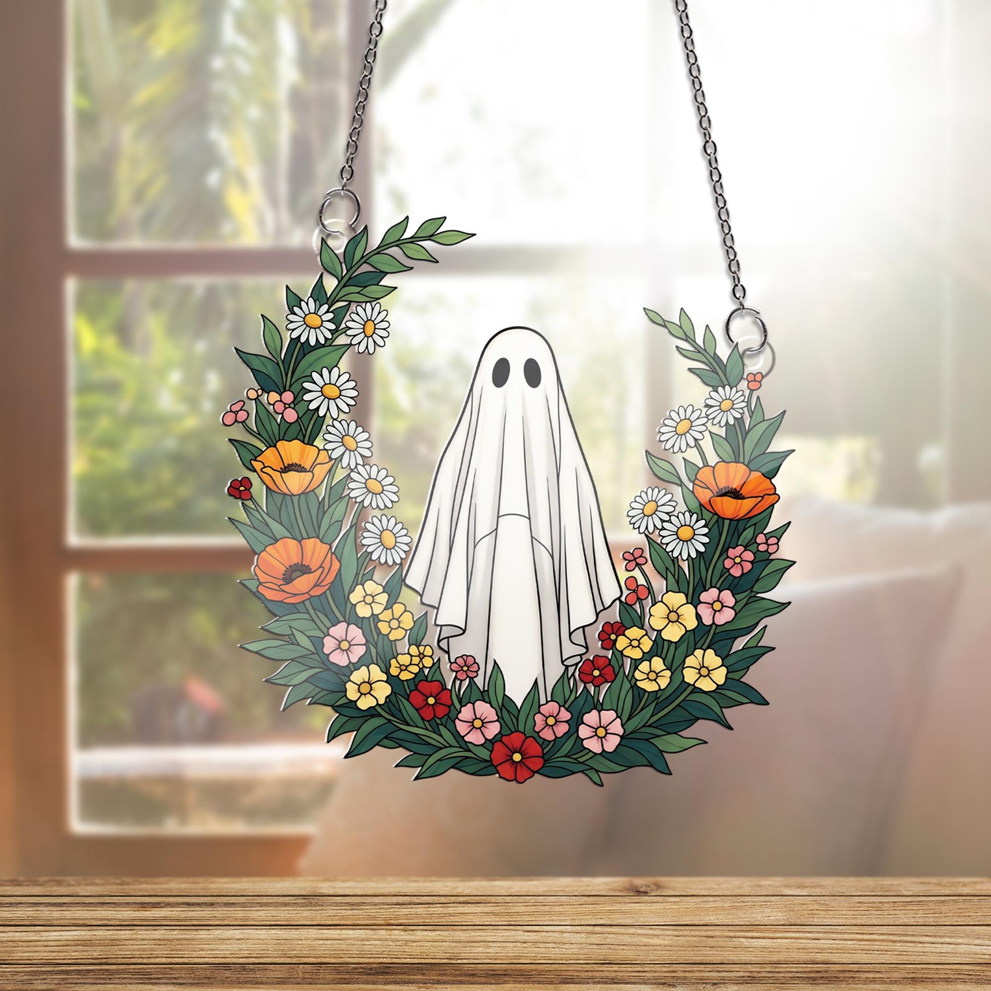 Ghost Floral Ornament , Cute Halloween Window Hanging, Spooky Cottagecore Ghost Decor, Boo Ghost with Wildflowers Gift Idea