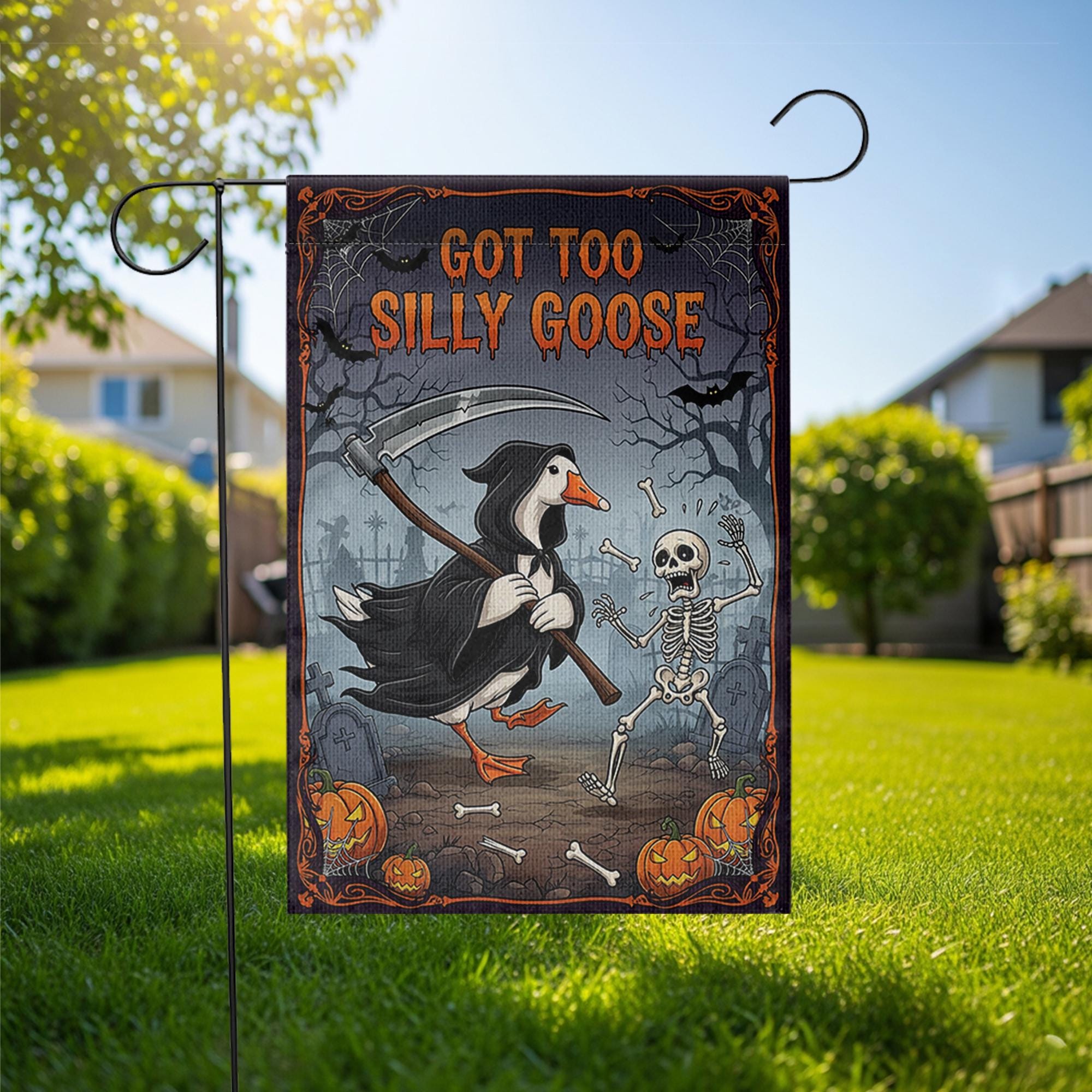 Funny Halloween Garden Flag - Grim Reaper Goose with Skeleton Yard Decor