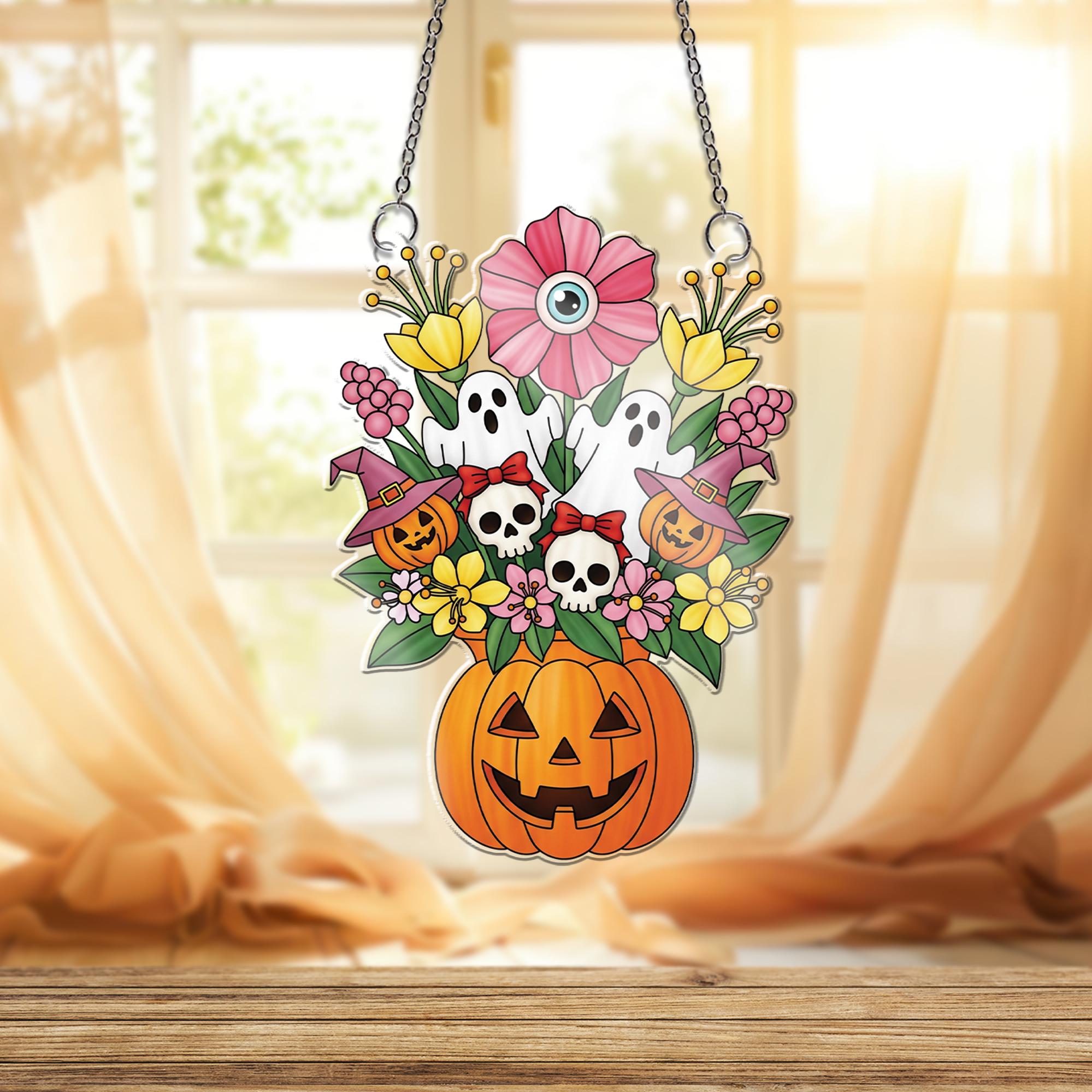 Halloween Pumpkin Floral Ornament , Ghost Skull Bouquet Window Hanging, Cute Spooky Decor, Witchy Fall Home Decoration